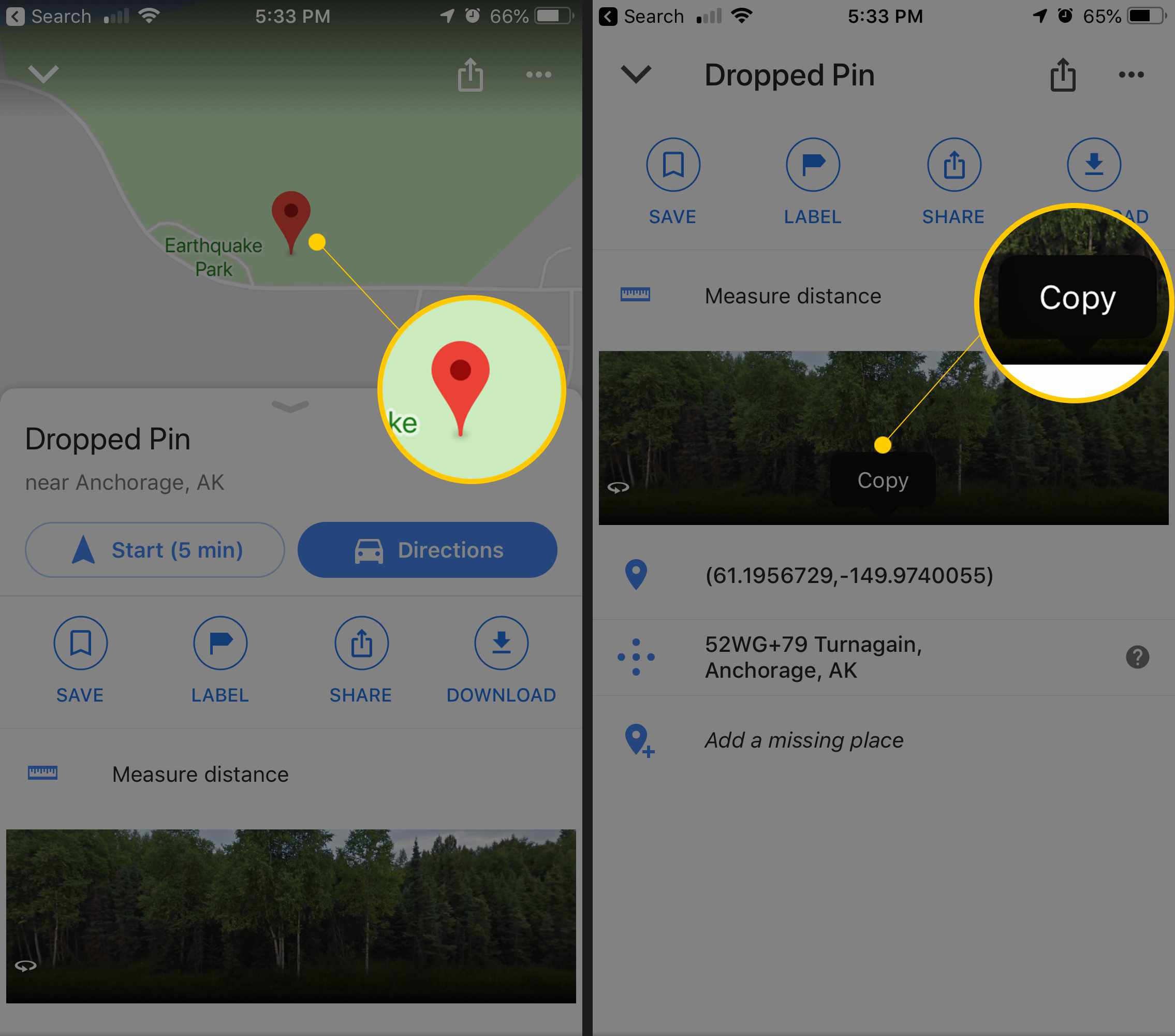 Två iOS-skärmar som visar tappad stift och kopieringsknapp för koordinater i Google Maps-appen