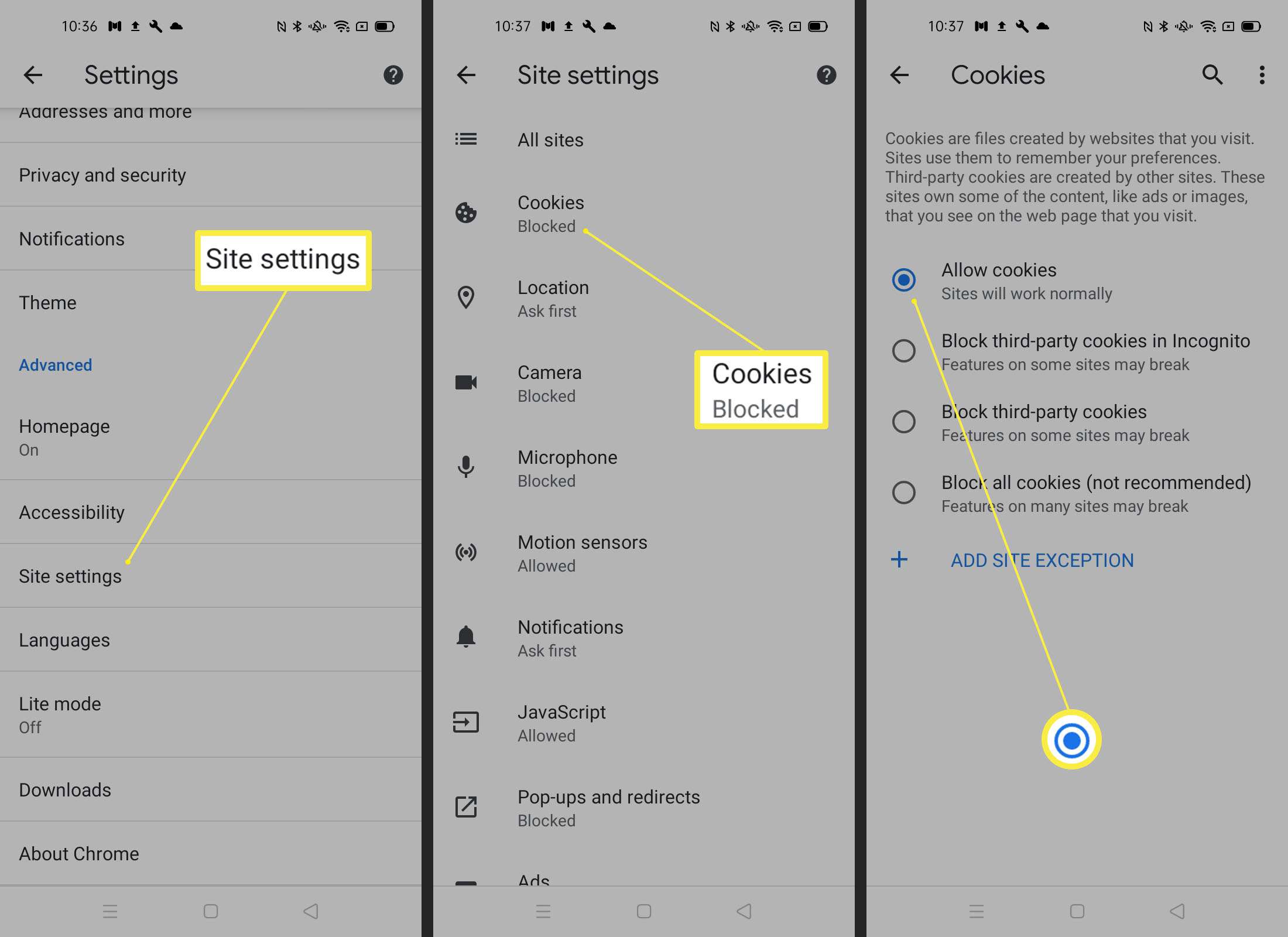 Steg för att tillåta cookies i Google Chrome på Android