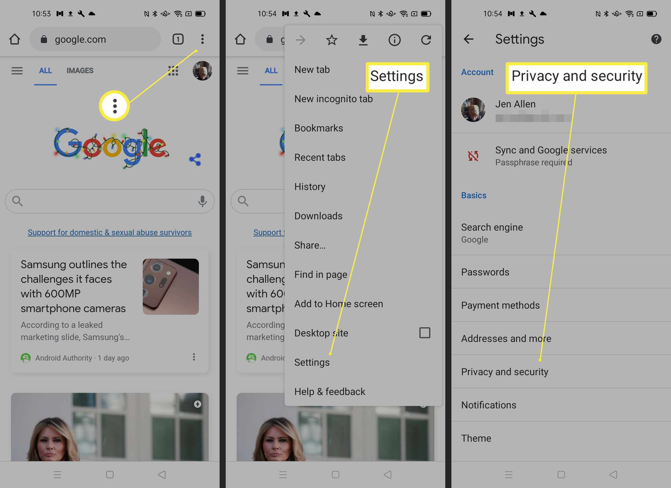 Steg för att hitta sekretess- och säkerhetsinställningar i Google Chrome på Android