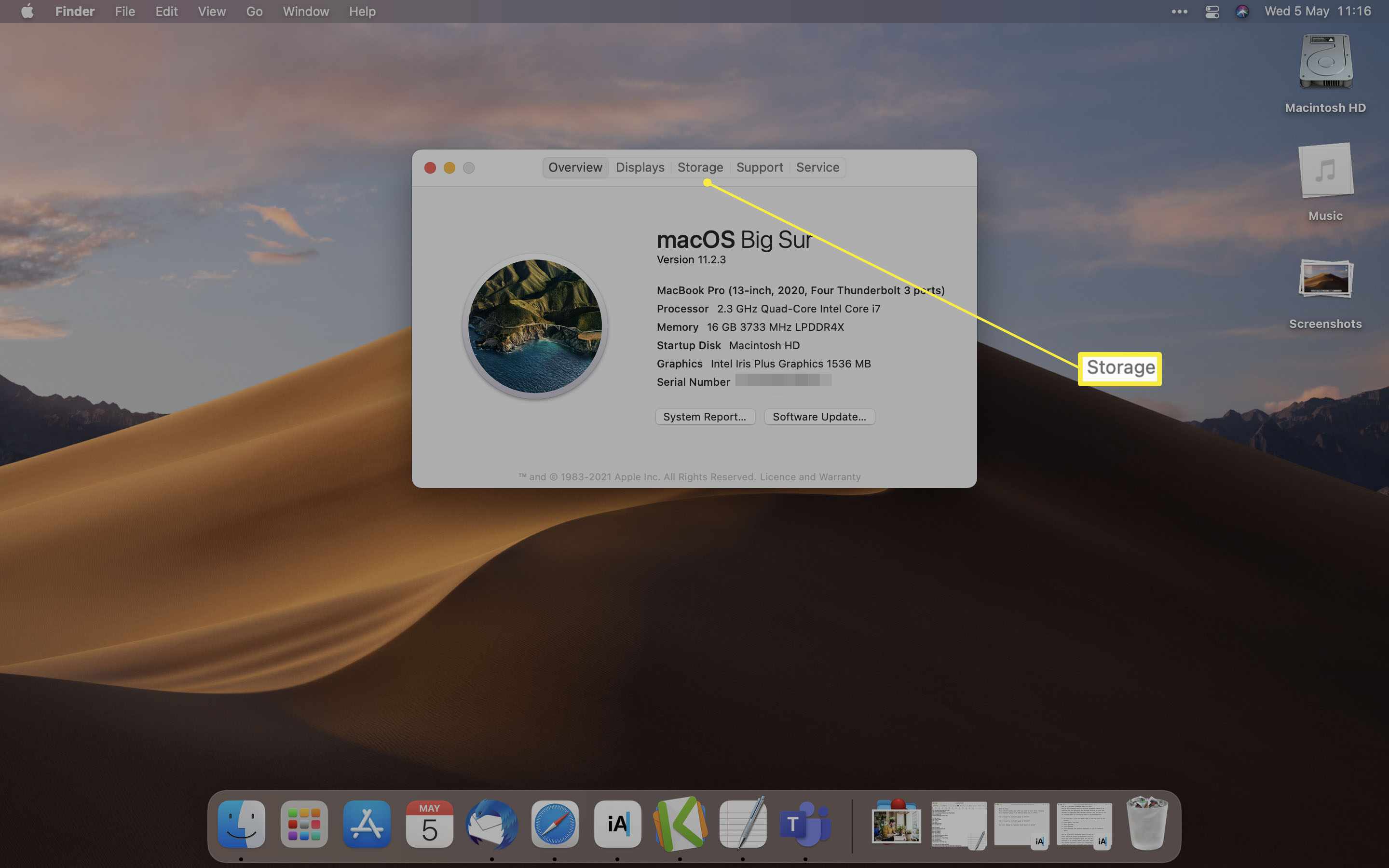 MacOS-skrivbord med lagring markerat på Om den här Mac