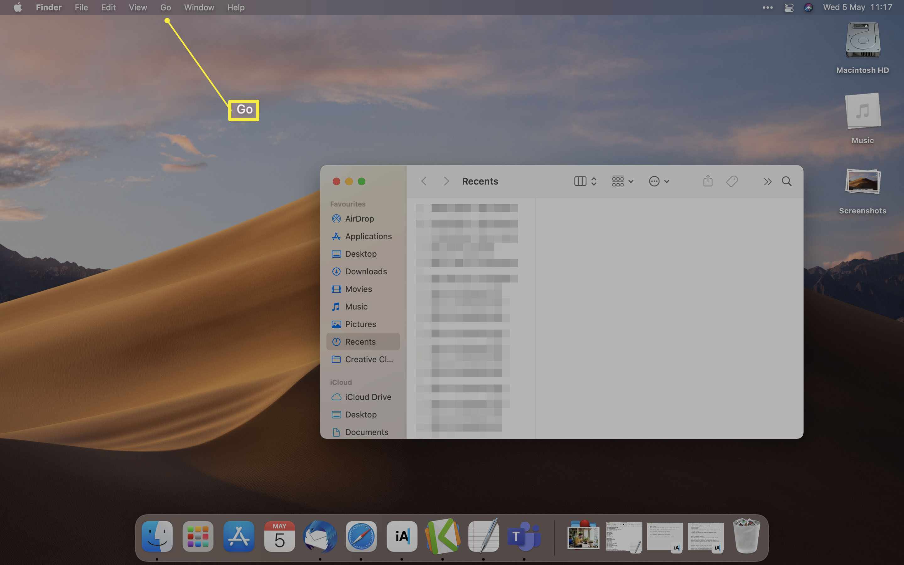 MacOS Finder med Go-knappen markerad