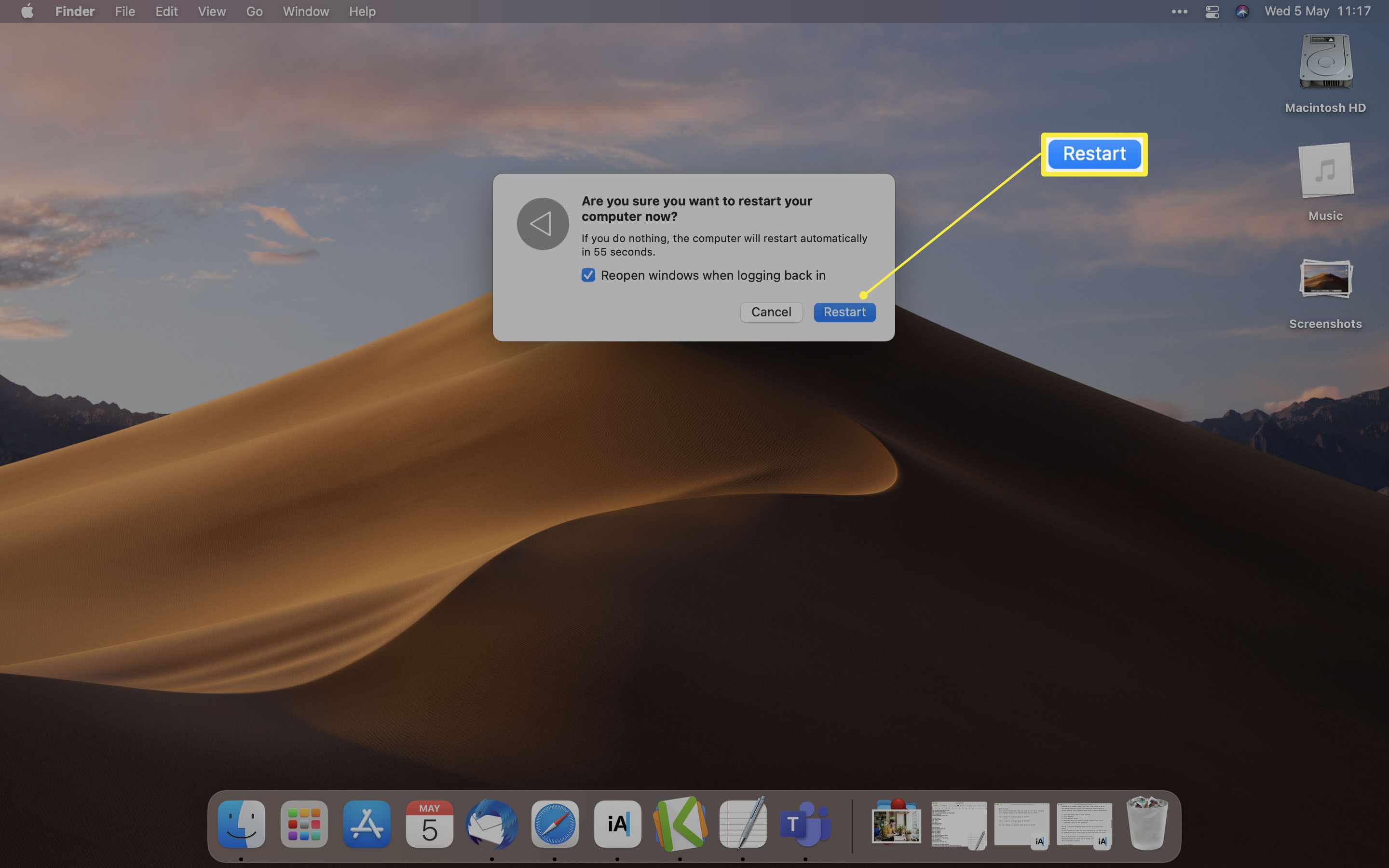 MacOS-skrivbord med omstart markerat i dialogrutan Starta om