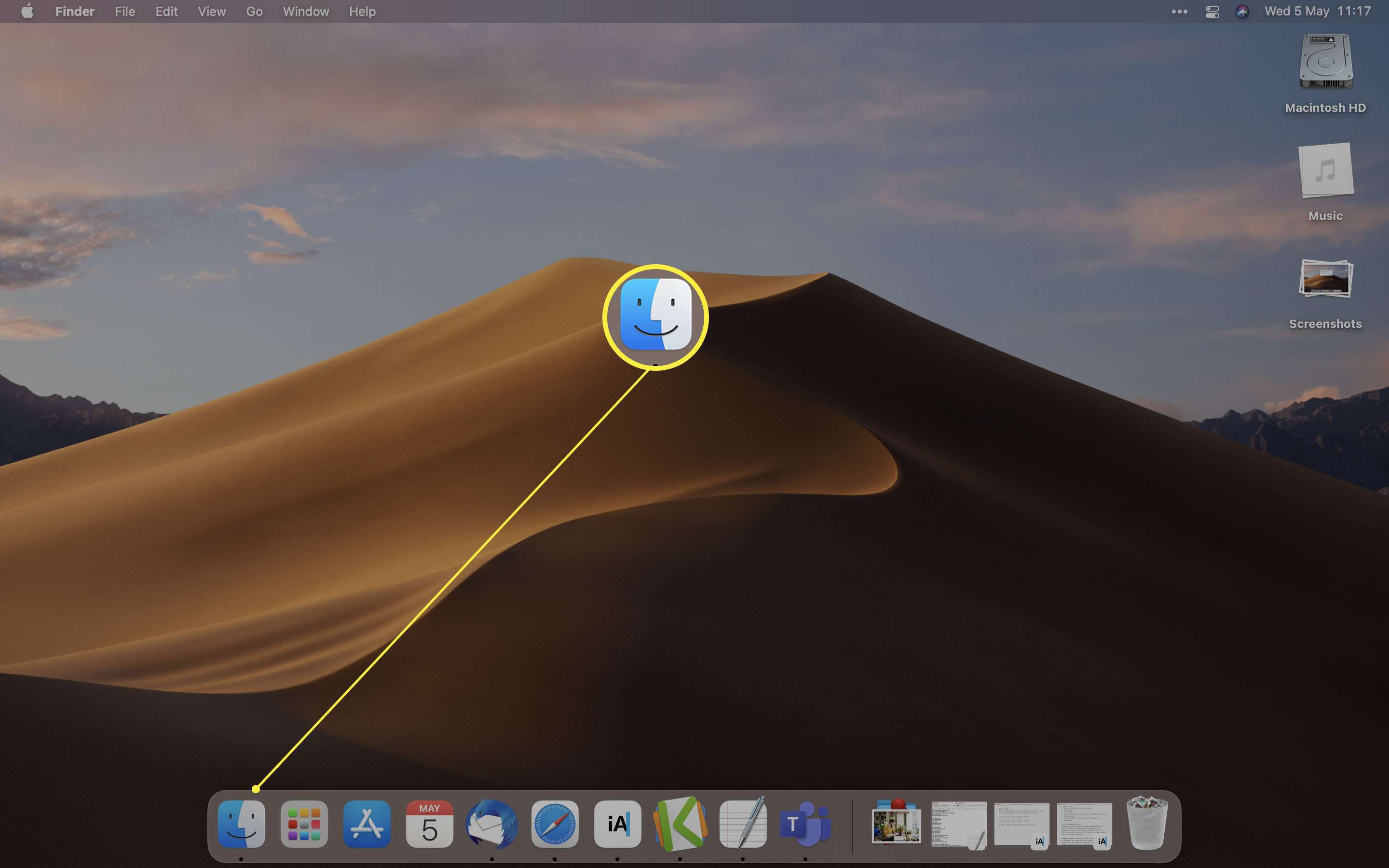 MacOS-skrivbord med Finder-ikonen markerad