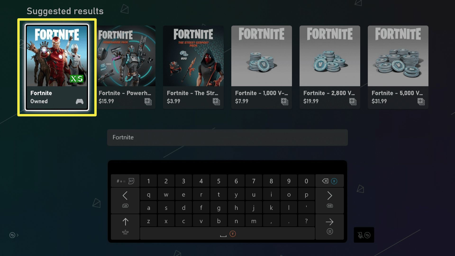 Fortnite i sökresultaten på Xbox X eller S.