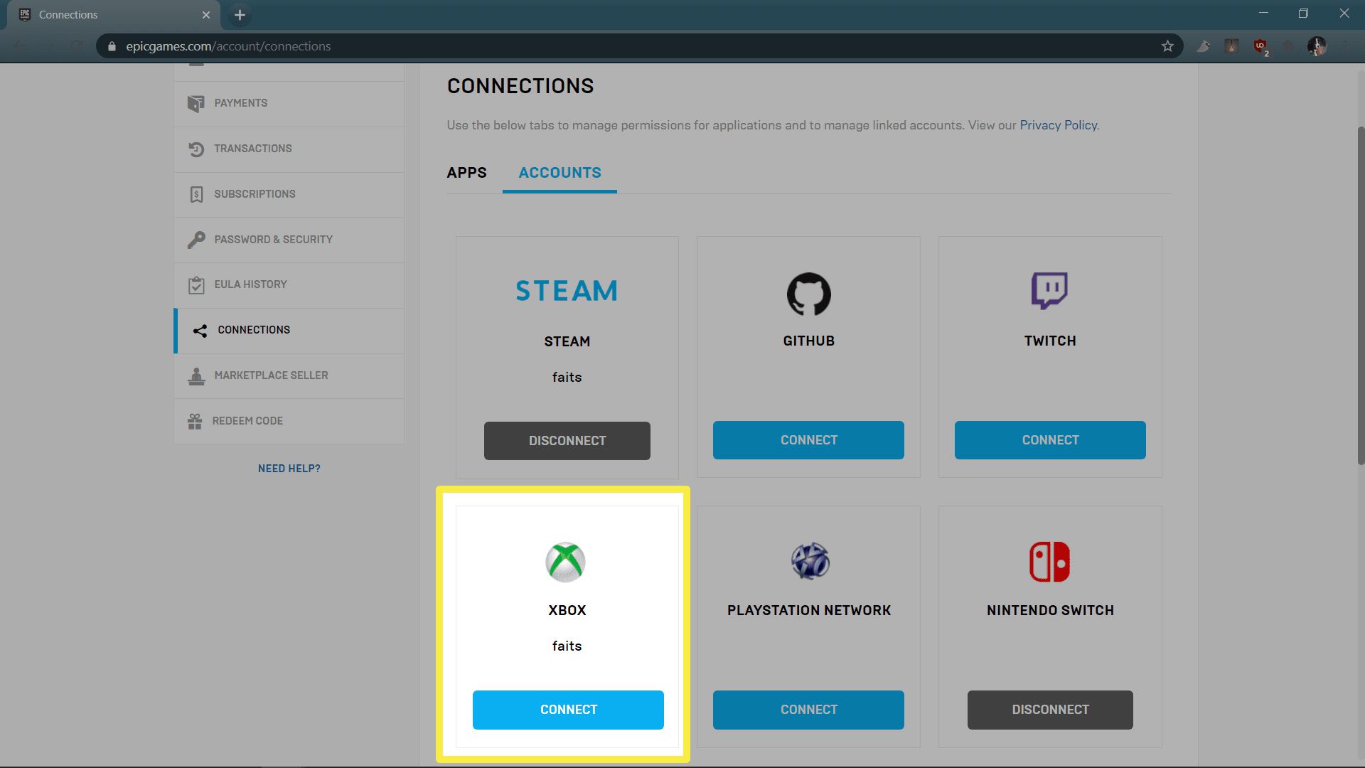 Alternativet Xbox Connection på Epic Games webbplats.