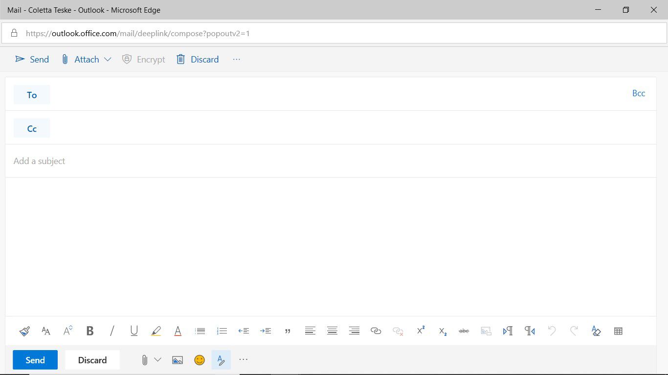 En skärmdump som visar ett tomt nytt meddelandefönster i Outlook på webben