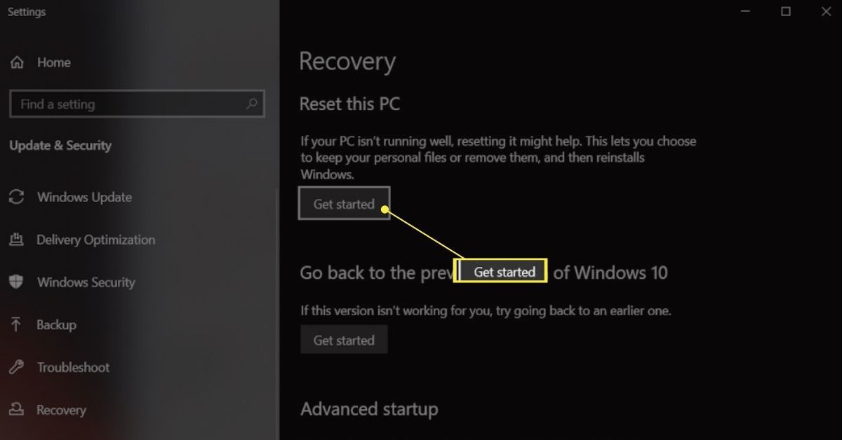 Komma igång-knappen för återställningsalternativ i Windows på en Asus-bärbar dator.