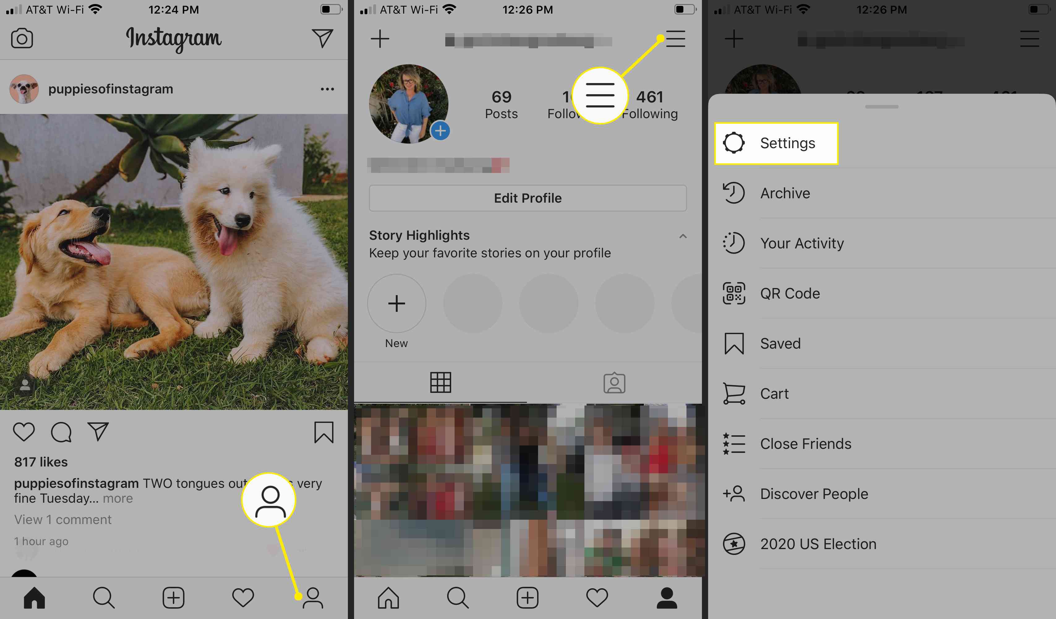 Instagram-profil, konto och inställningsmenyer i iOS-appen