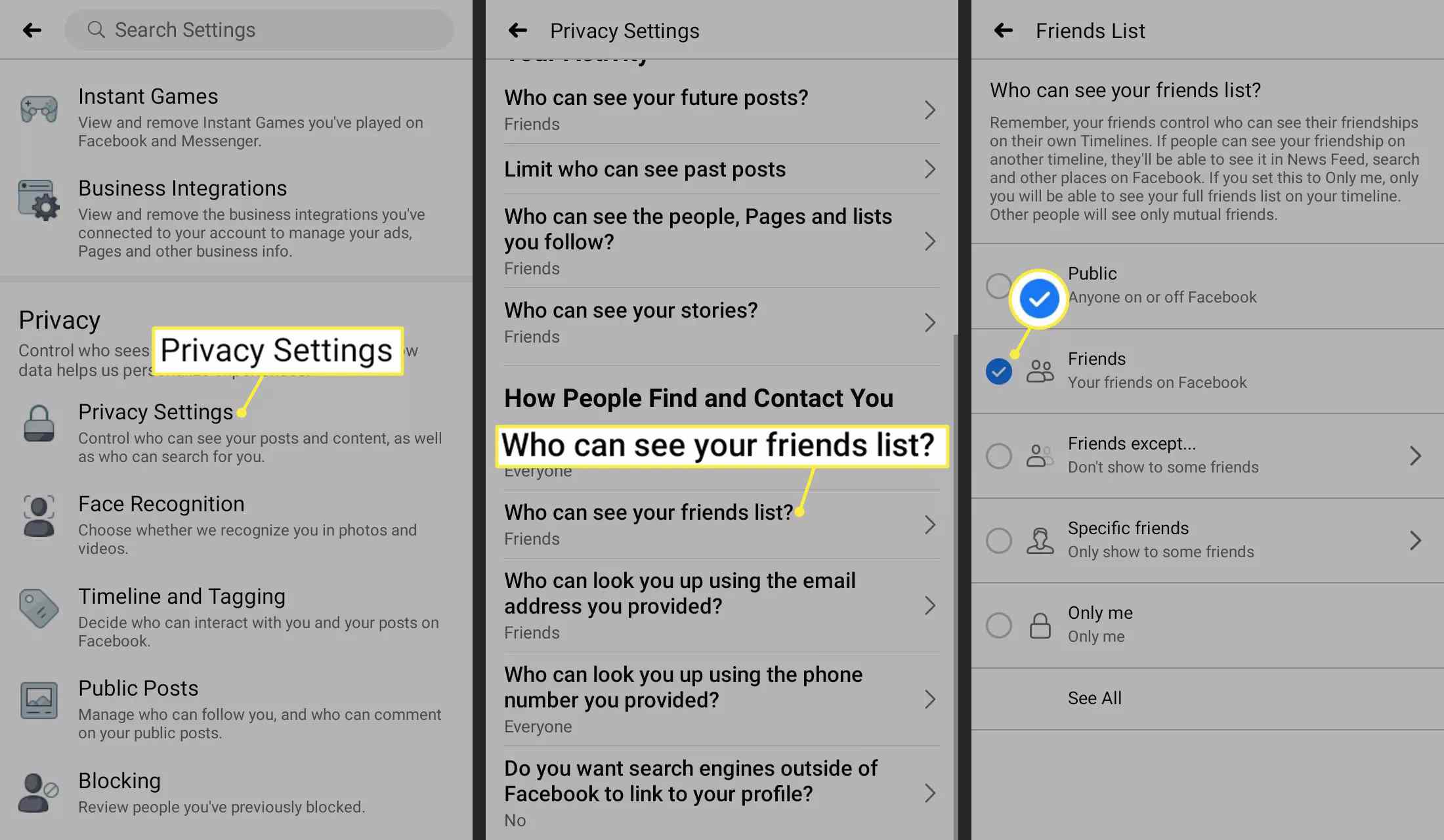 Sekretessinställningar, Vem kan se din väns lista och ikonen för bockmarkering i Facebook-appen