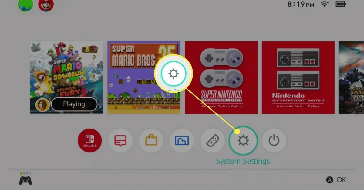 Val av systeminställningar på Nintendo Switch.