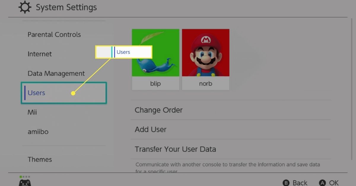 Användarval i Nintendo Switch-systeminställningar.