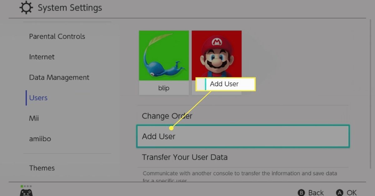 Lägg till användare vald i Nintendo Switch-systeminställningar.