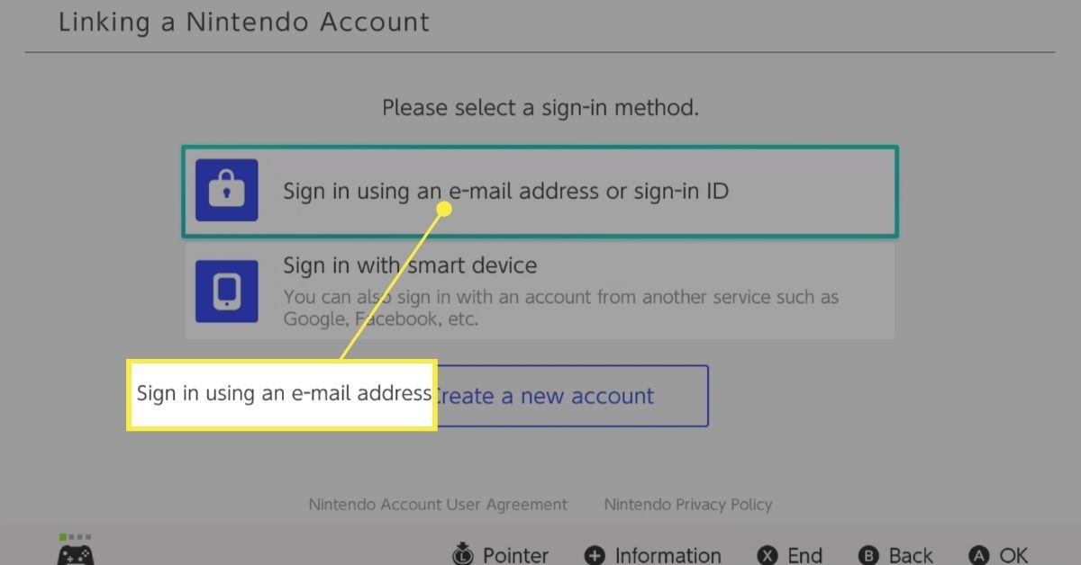 Logga in med en e-postadress eller inloggnings-ID för att länka ett Nintendo-konto.