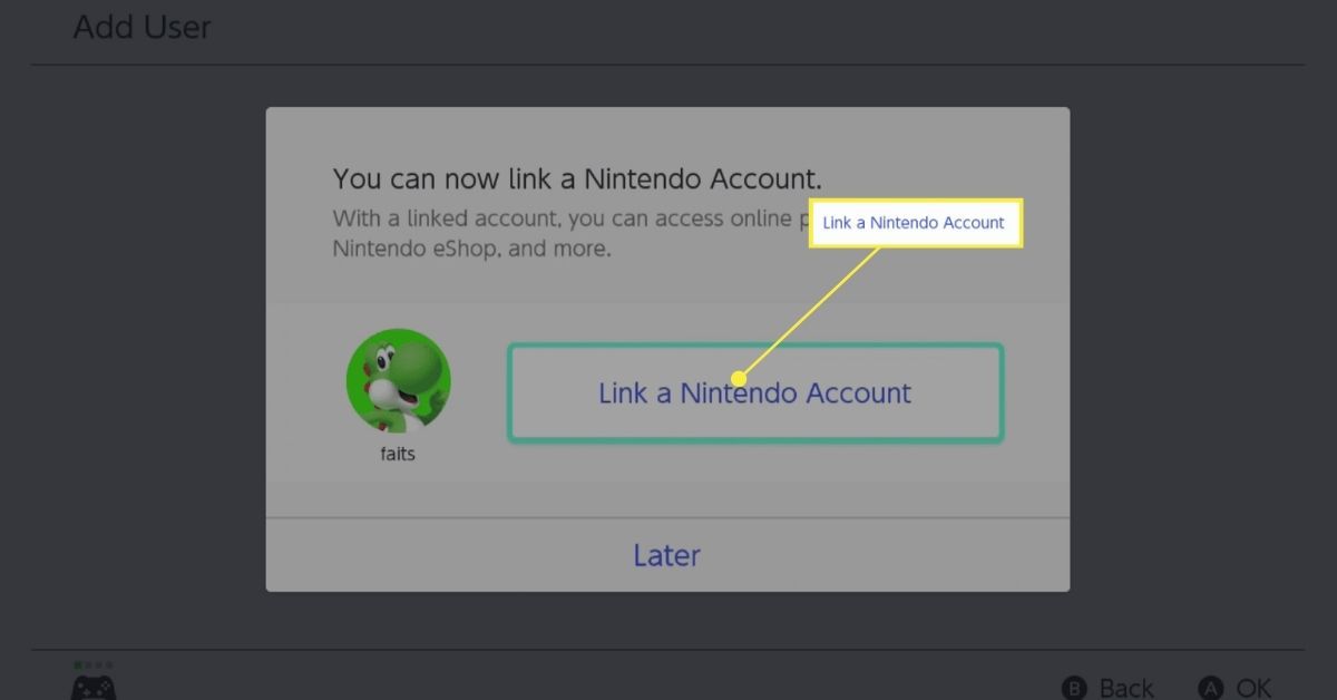 Länka ett Nintendo-konto i Nintendo Switch-användarprocessen.
