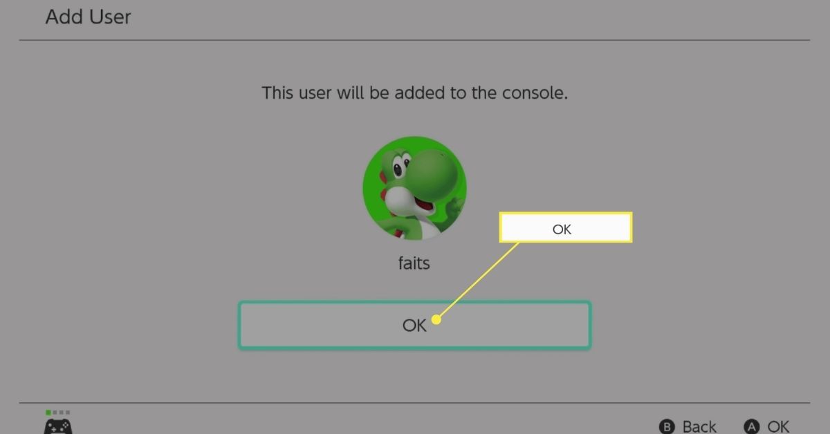OK-knappen i Nintendo Switch Lägg till användare-processen.