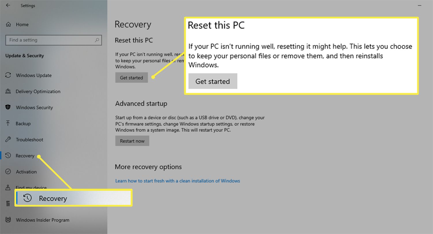 Komma igång-knappen från avsnittet Återställ den här datorn i Windows 10-inställningsmenyn