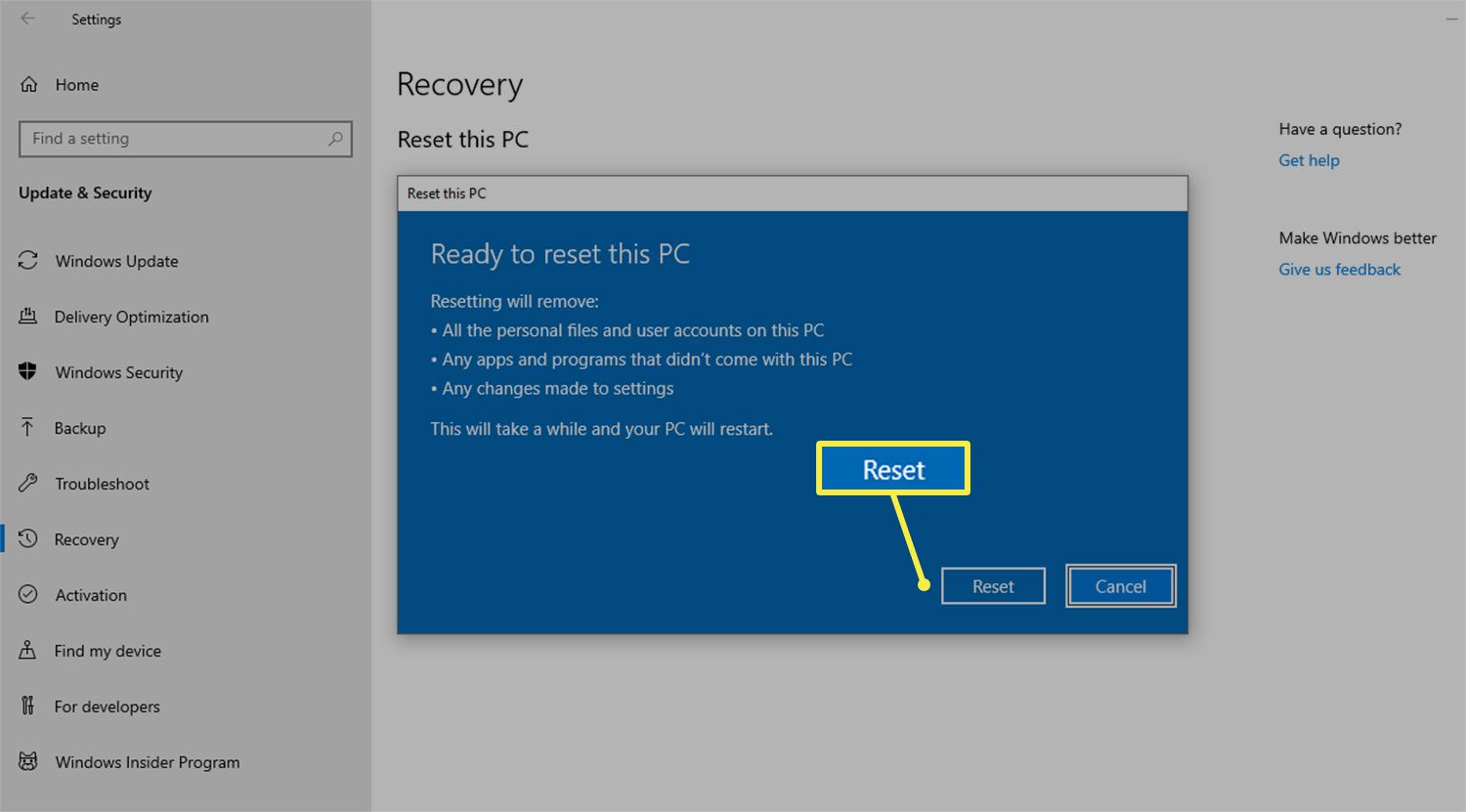 Återställningsknapp för fabriksåterställning av en dator som körs på Windows 10