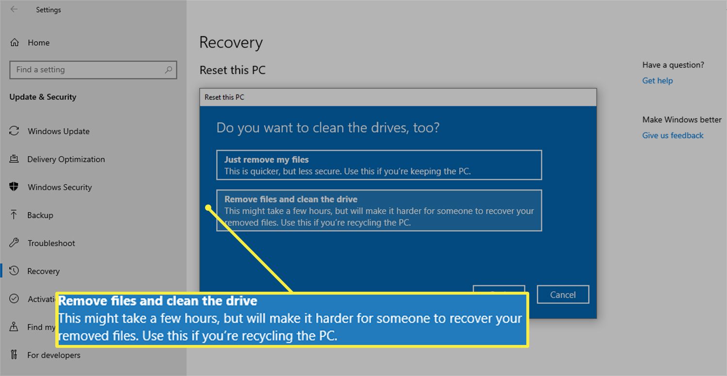 Ta bort filer och rengör enhetsalternativet från dialogrutan Återställ den här datorn i Windows 10
