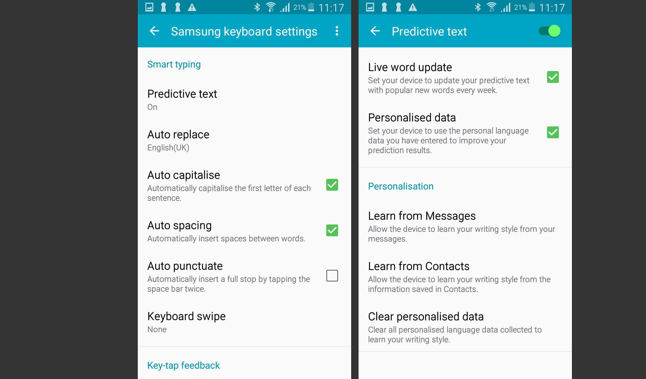 Samsung tangentbordsinställningar och förutsägbara textinställningar