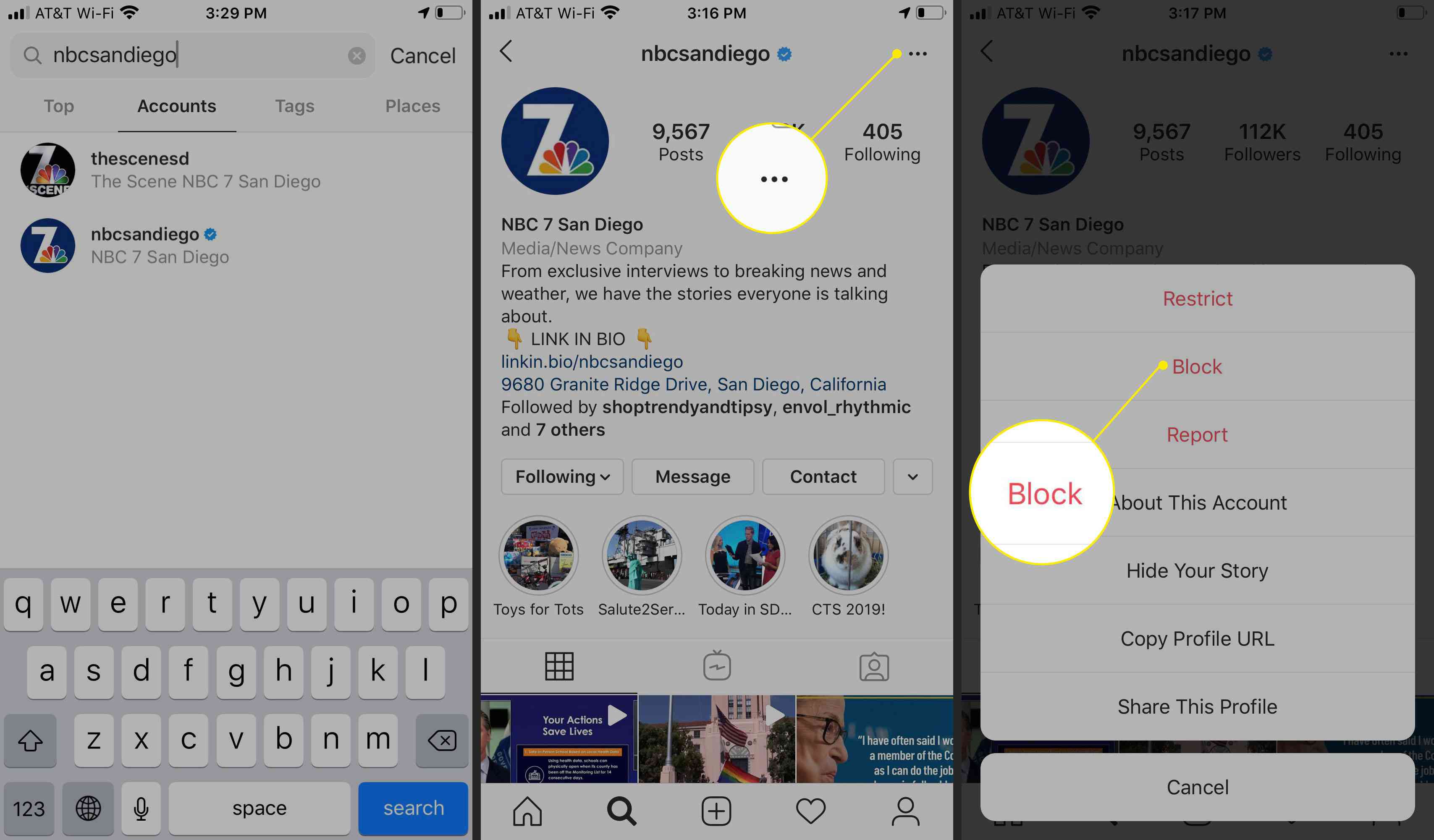 Menyknappen och Blockera-alternativet på Instagram