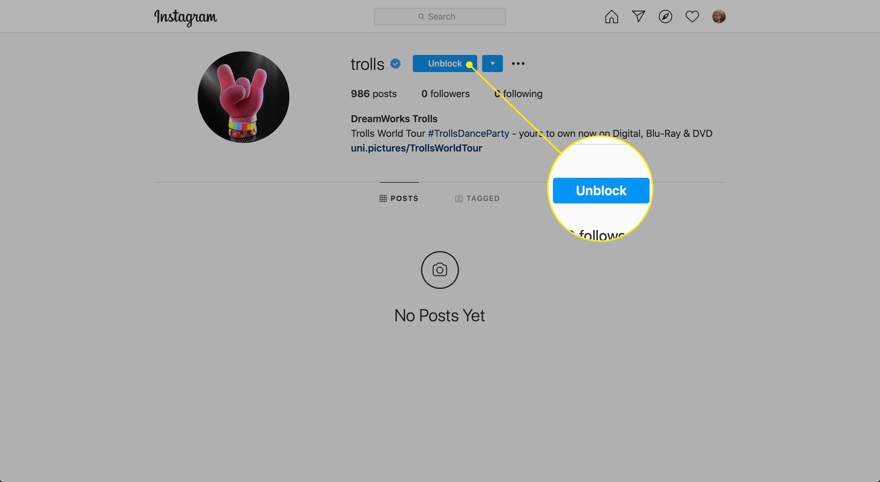 Avblockera-knappen på Instagram