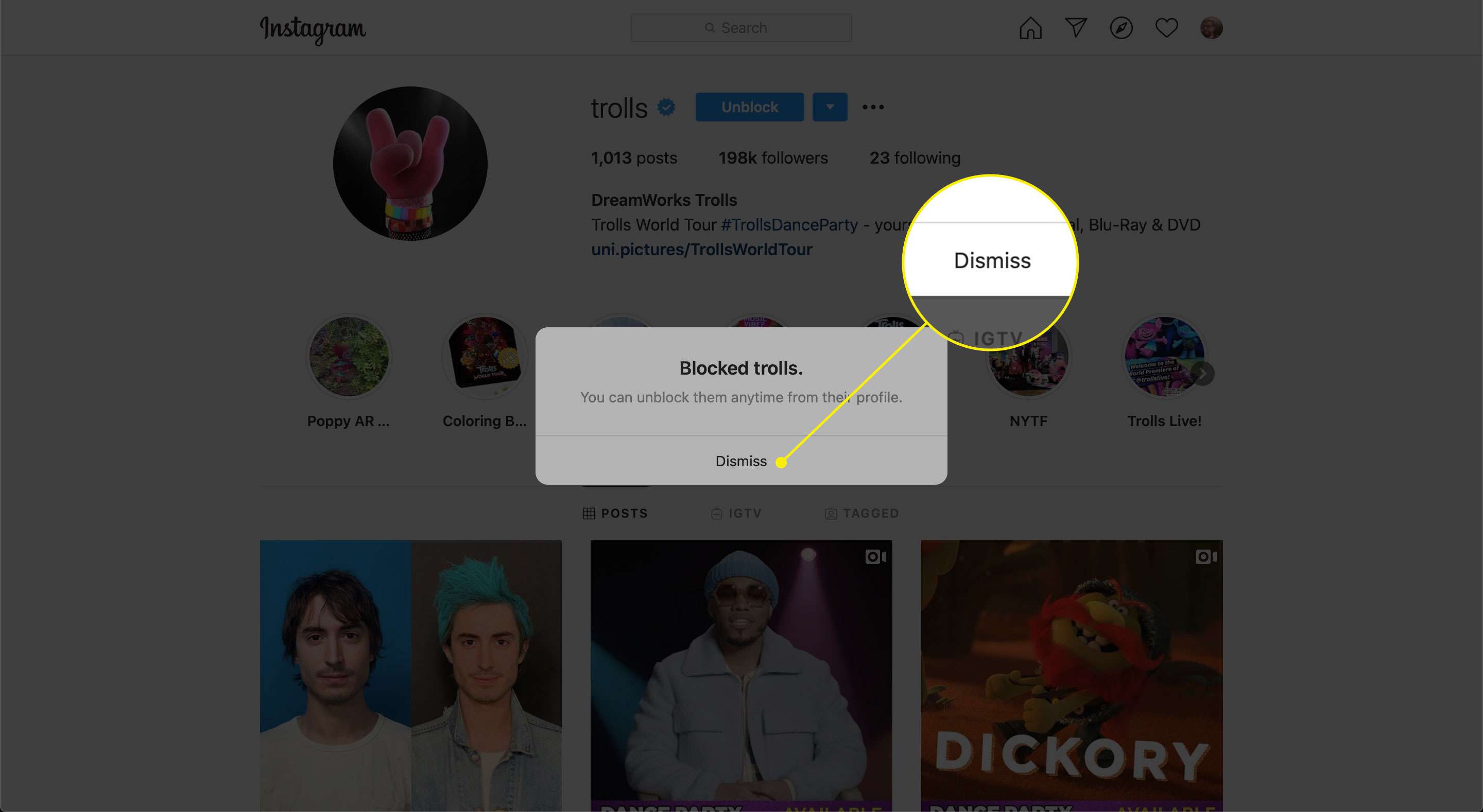 Kommandot Avvisa efter att ha blockerat ett konto på Instagram