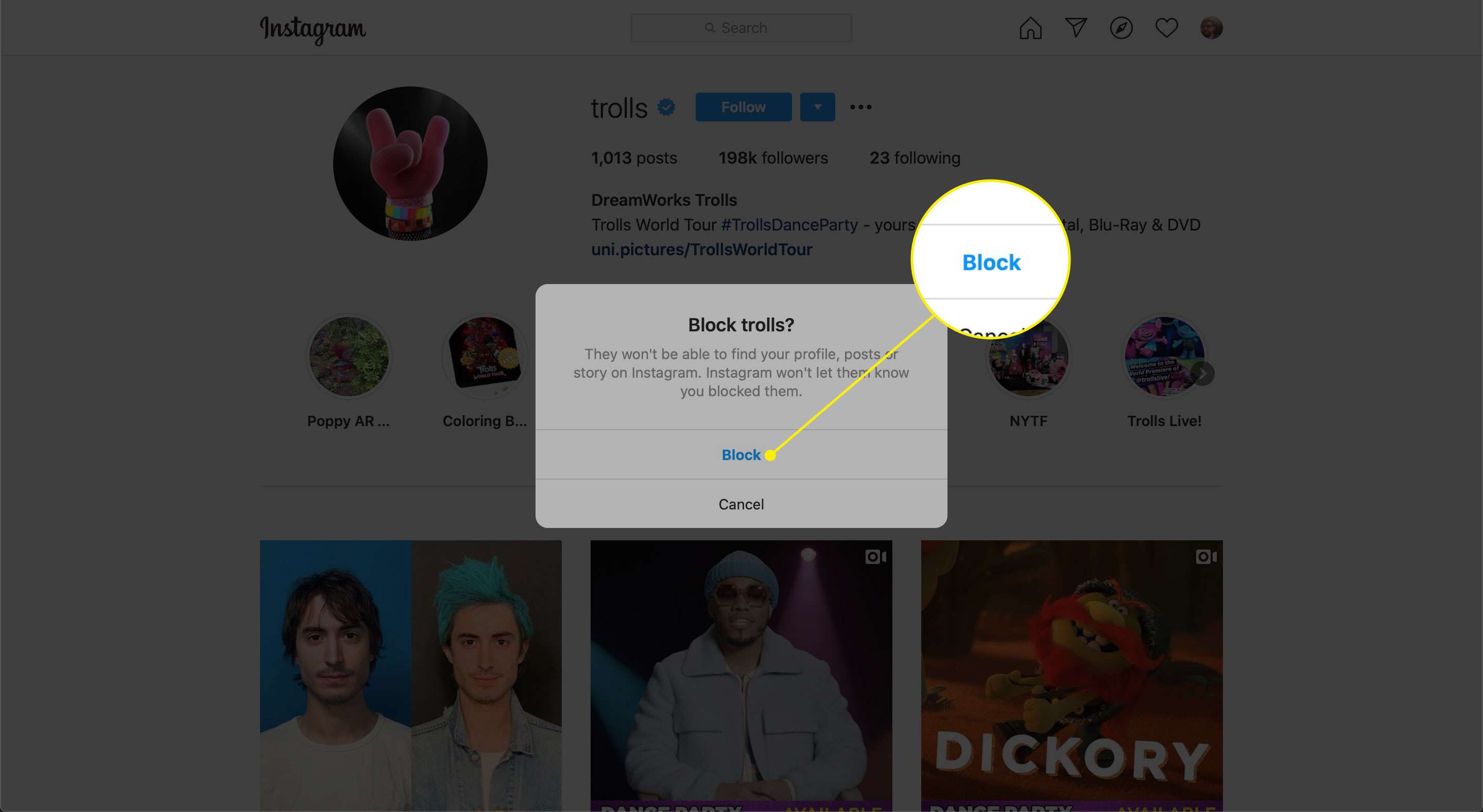 Block-kommandot på Instagram