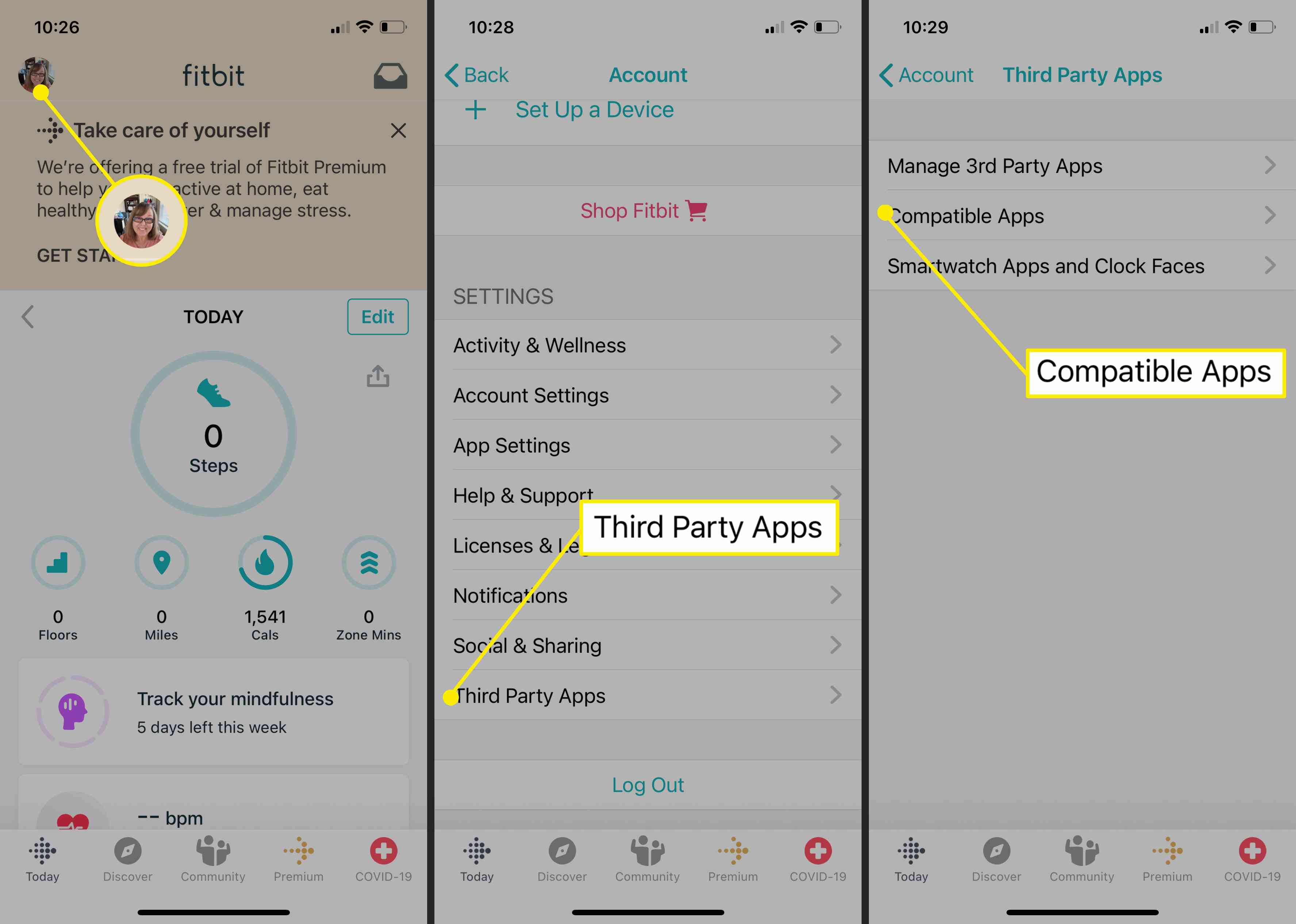 Skärmbilder från Fitbit-appar som visar hur du kommer till alternativet Kompatibla appar.