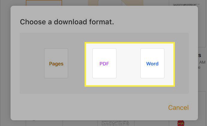 iCloud-nedladdningsformat med PDF och Word markerade