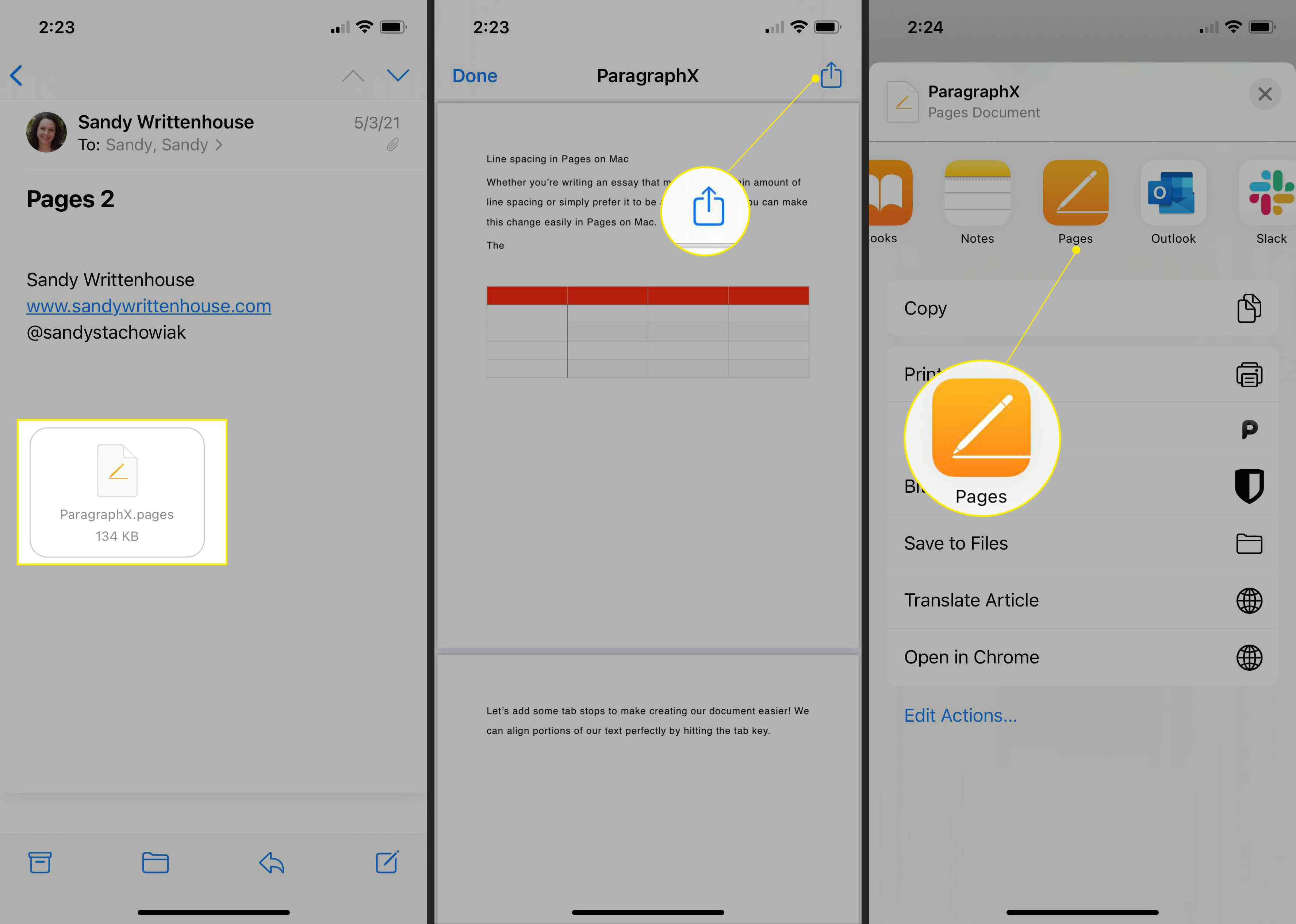iOS Pages-app med Dela och Sidor markerade