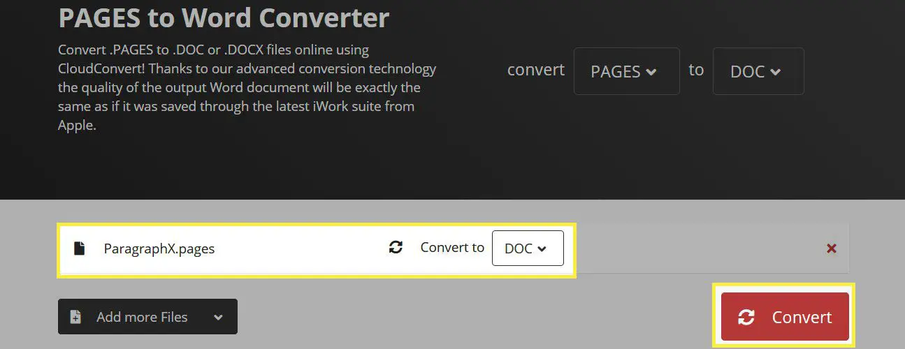 Sidor till Word Converter med Pages-dokumentet och Convert markerat