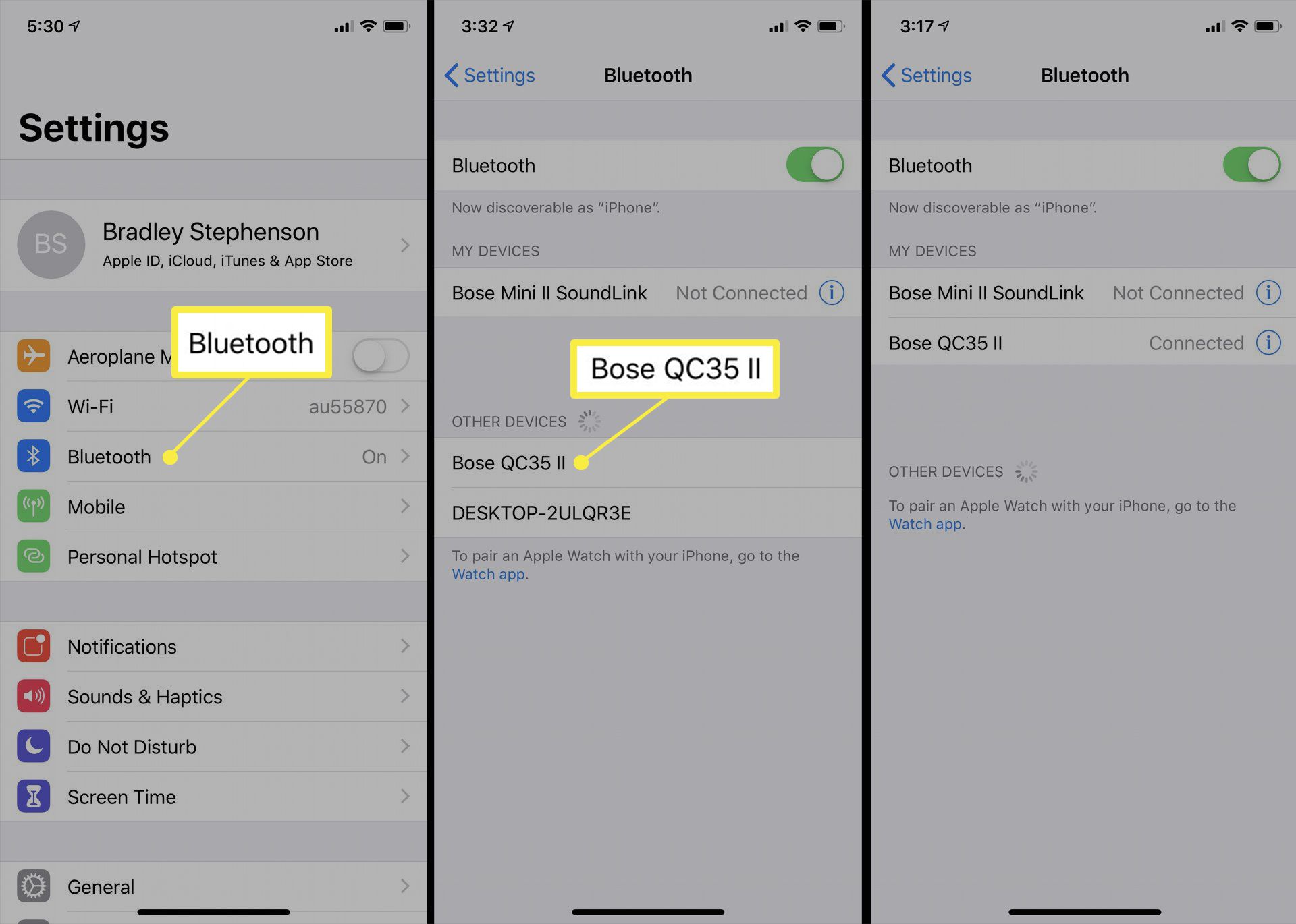 iOS Bluetooth-inställningar.