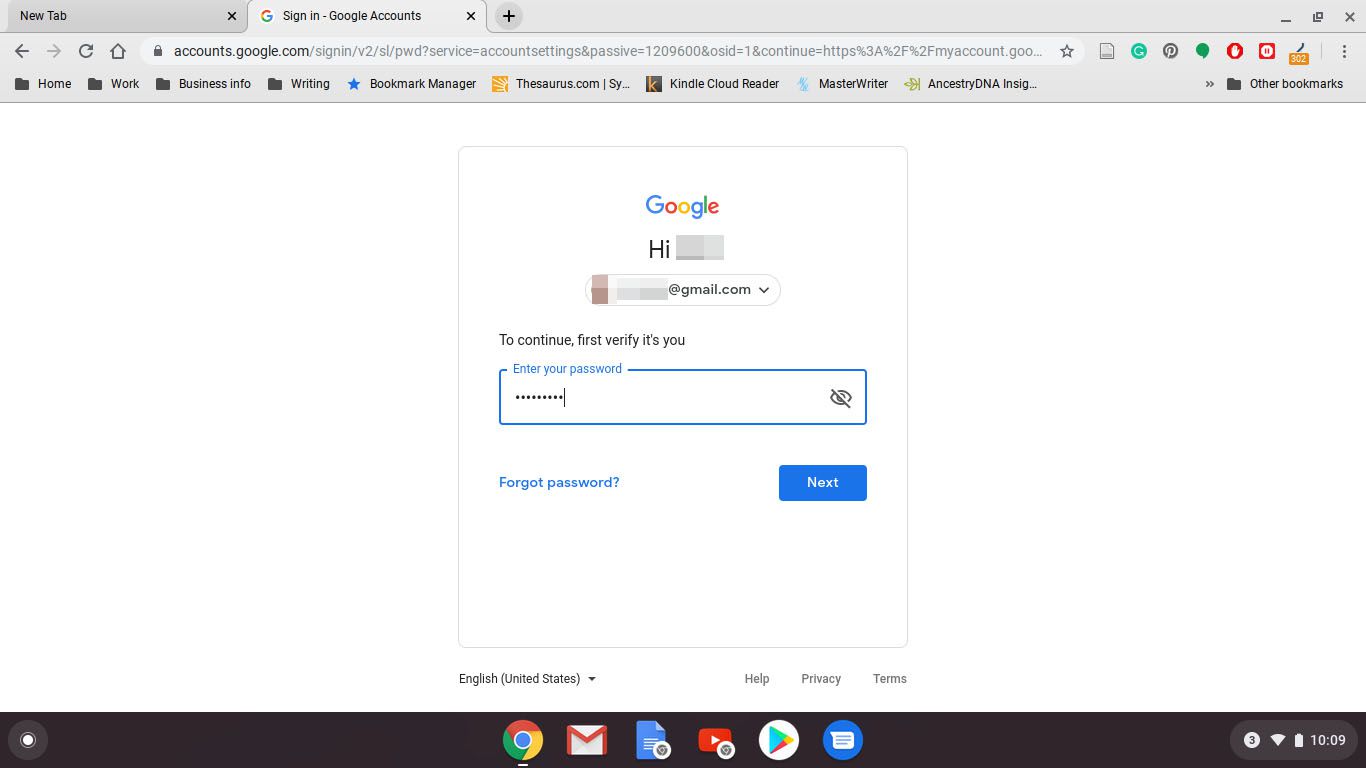 Ange lösenord för att verifiera kontot i Google Chrome för Chromebook.