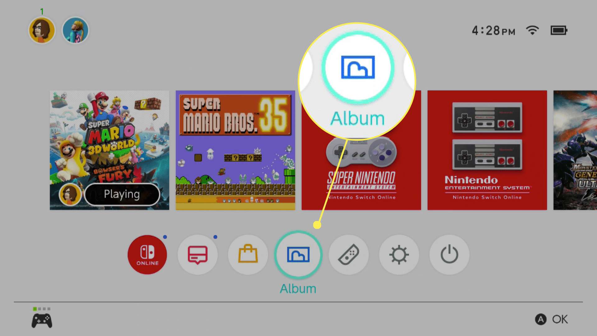 Albumikonen markerad på Nintendo Switch-startskärmen.
