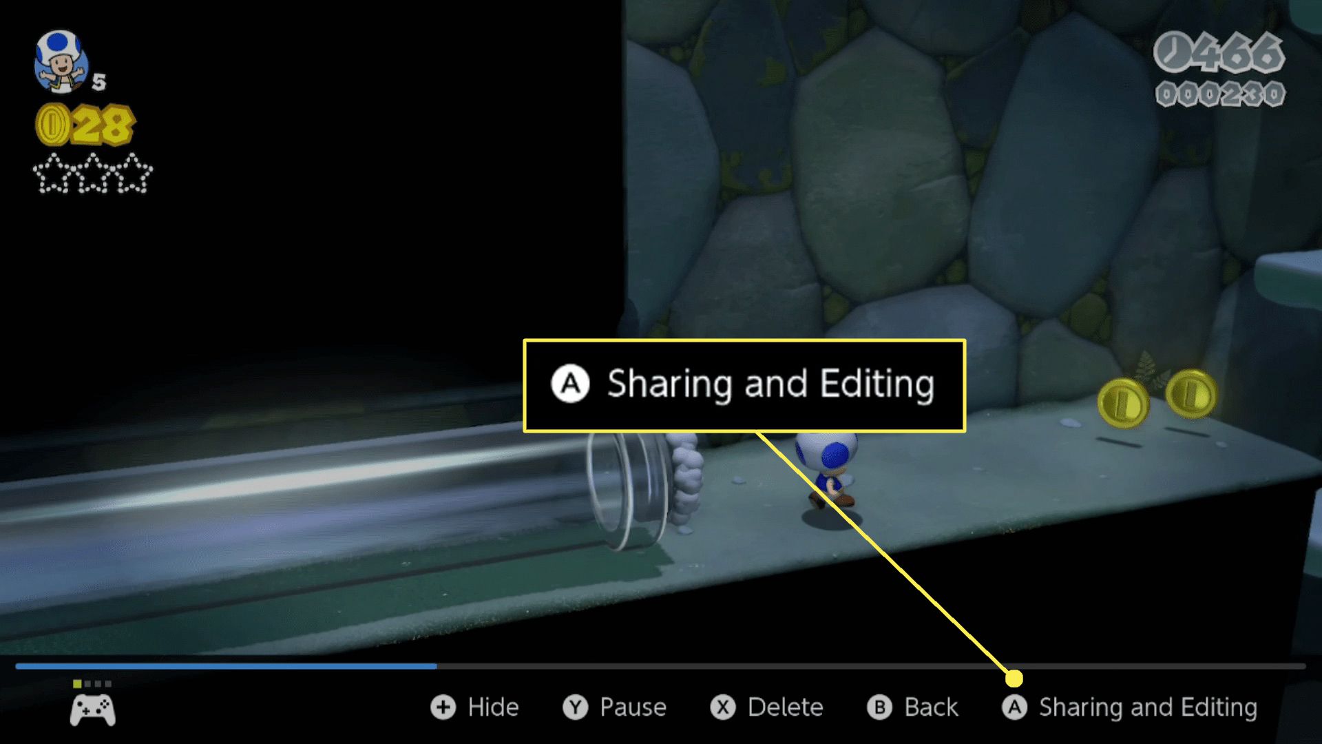 Ett videoklipp som spelas på Switch med A Sharing and Editing markerat