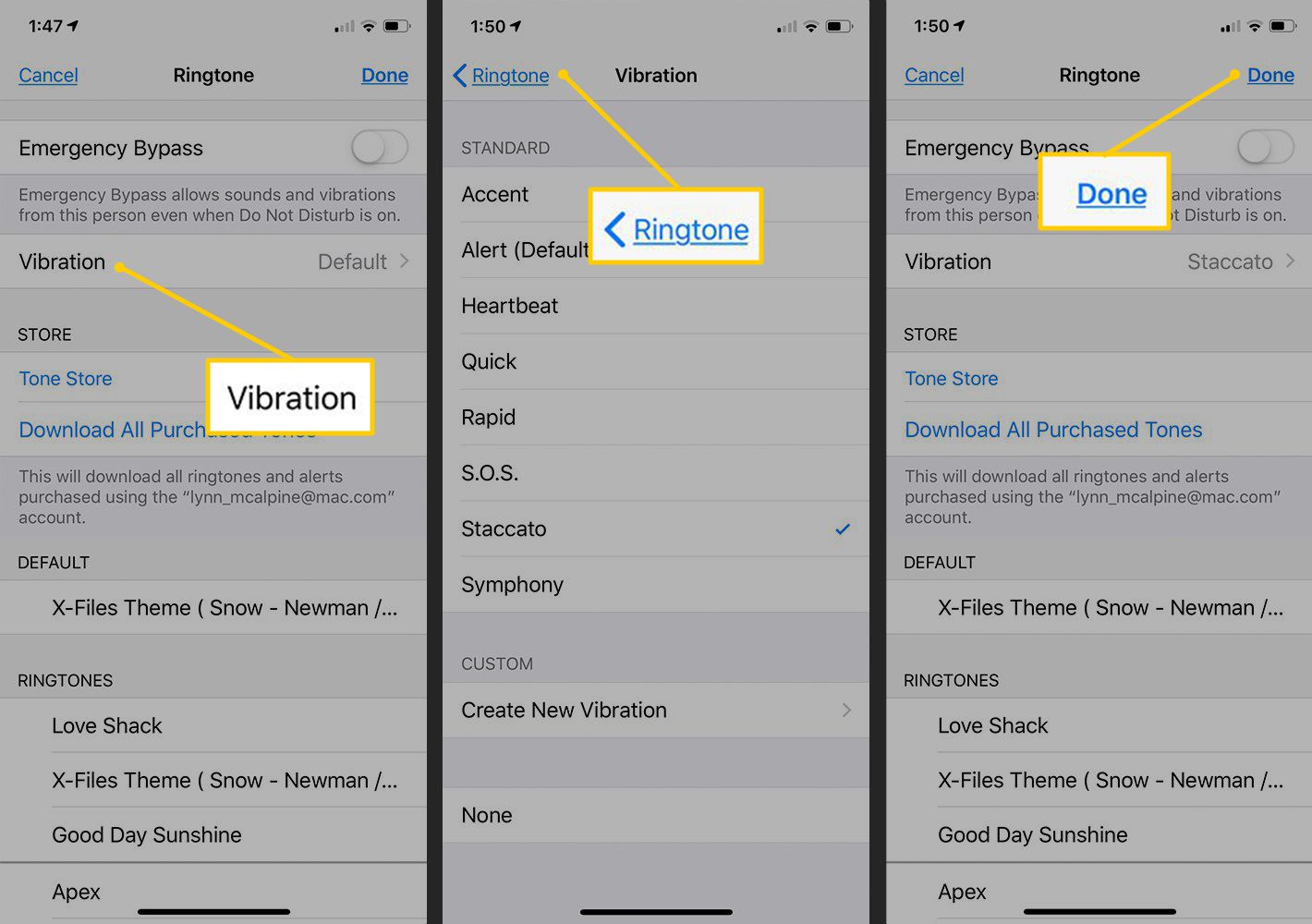 Vibration, ringsignal, Klar-knappar i iOS-inställningar