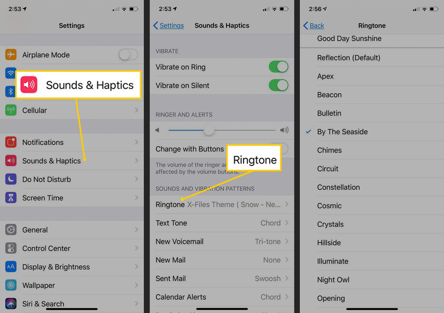 Ljud & Haptics, ringsignalknappar i iOS-inställningar