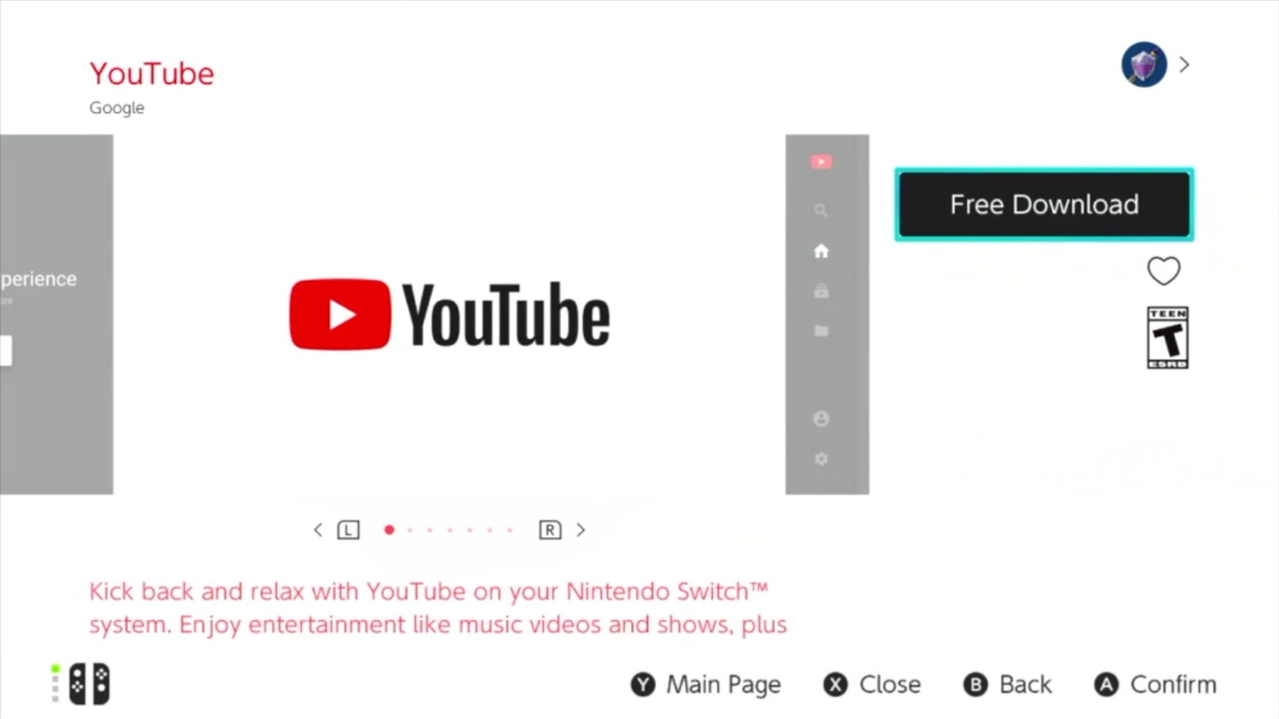 Nedladdning av YouTube-appen för Switch.