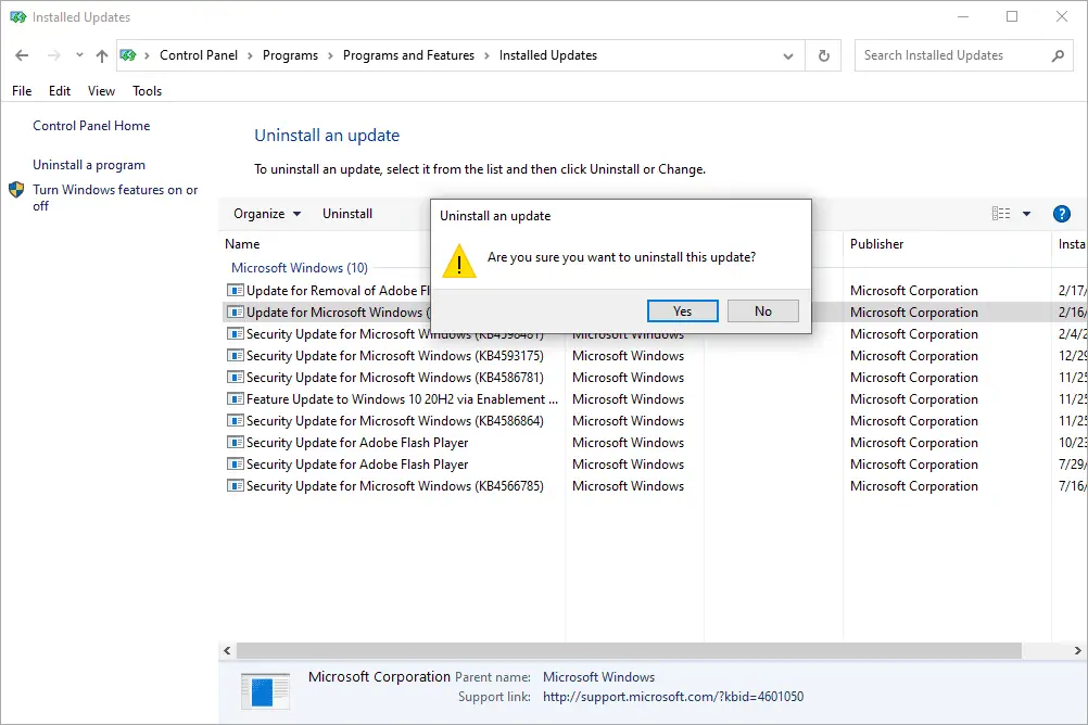 Avinstallera en uppdateringsbekräftelsesruta med en lista över installerade Windows-uppdateringar