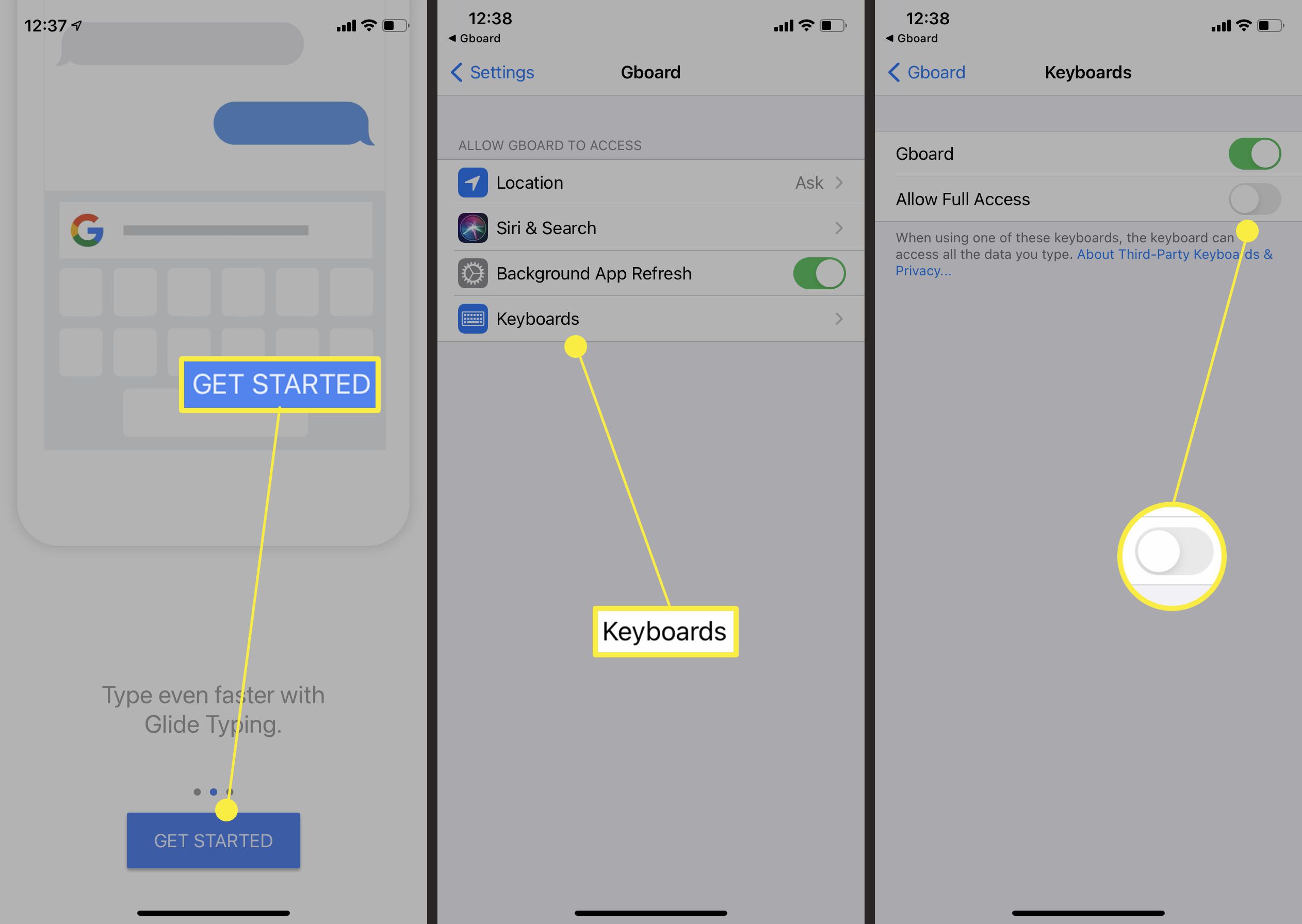 Steg krävs i iOS för att ge Gboard full åtkomst för att ändra tangentbordets färg