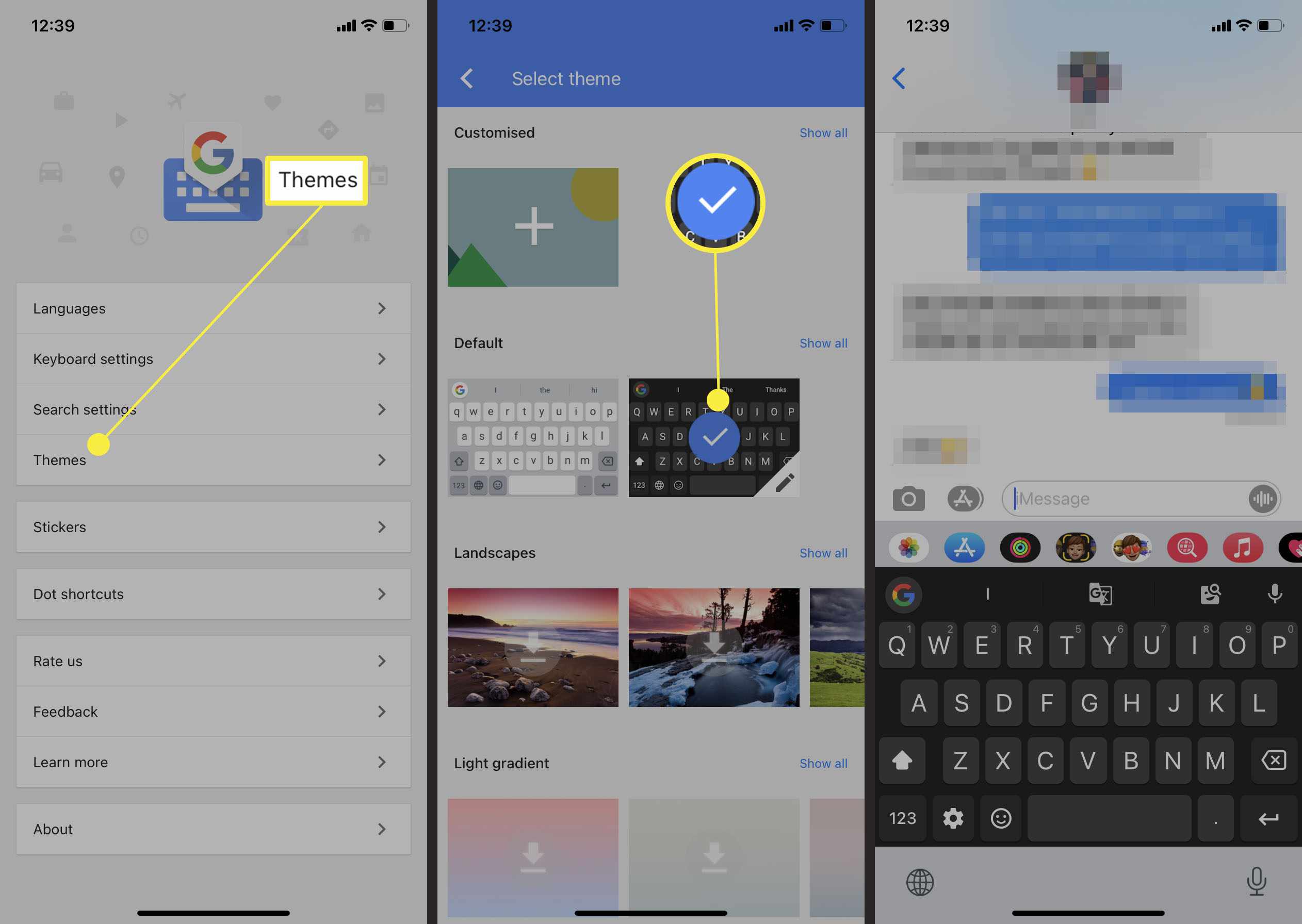 Åtgärder som krävs för att ändra tangentbordstema med Gboard på iOS