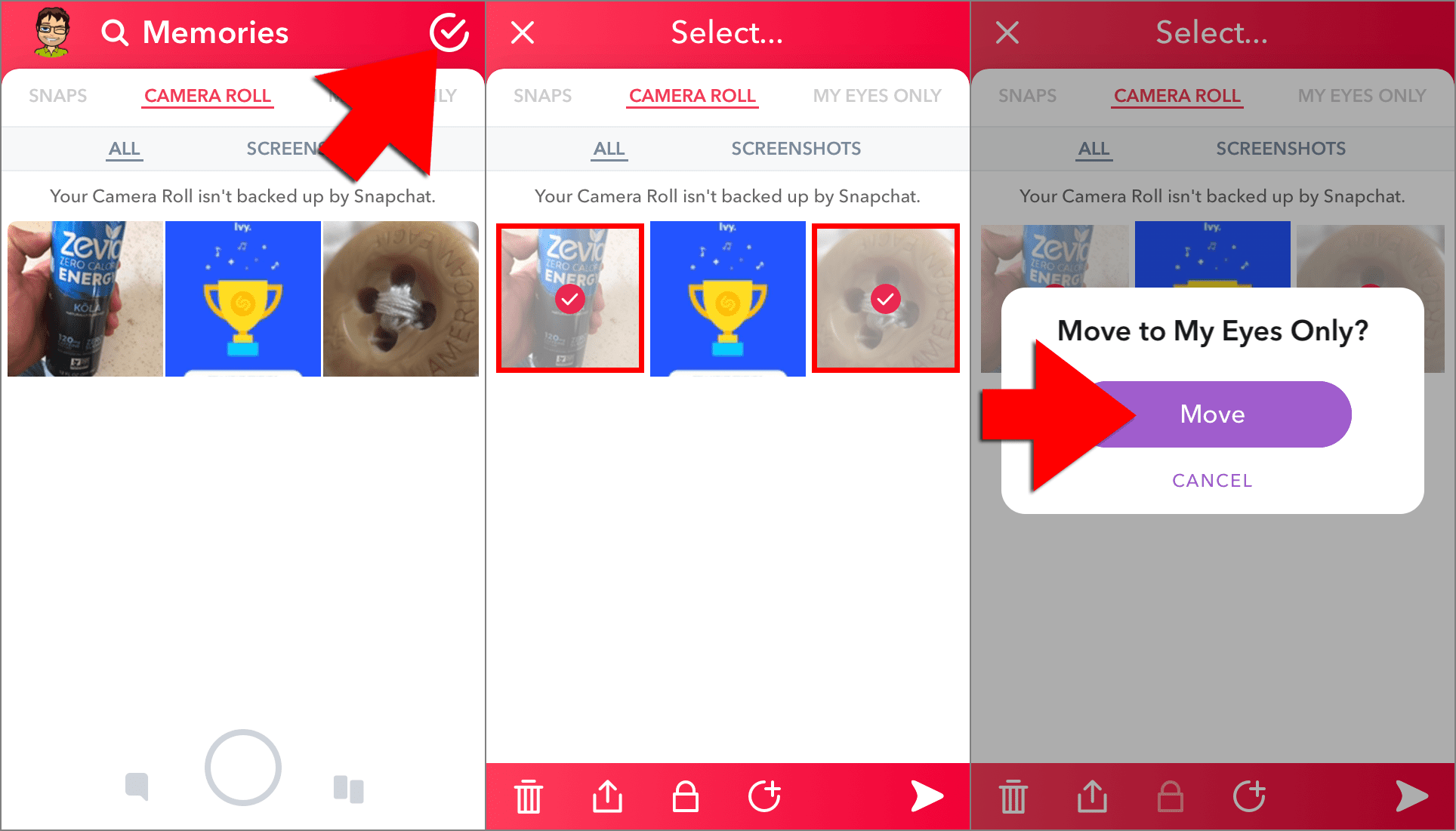 Minne-skärm, valda bilder och fönstret Flytta till endast mina ögon i Snapchat
