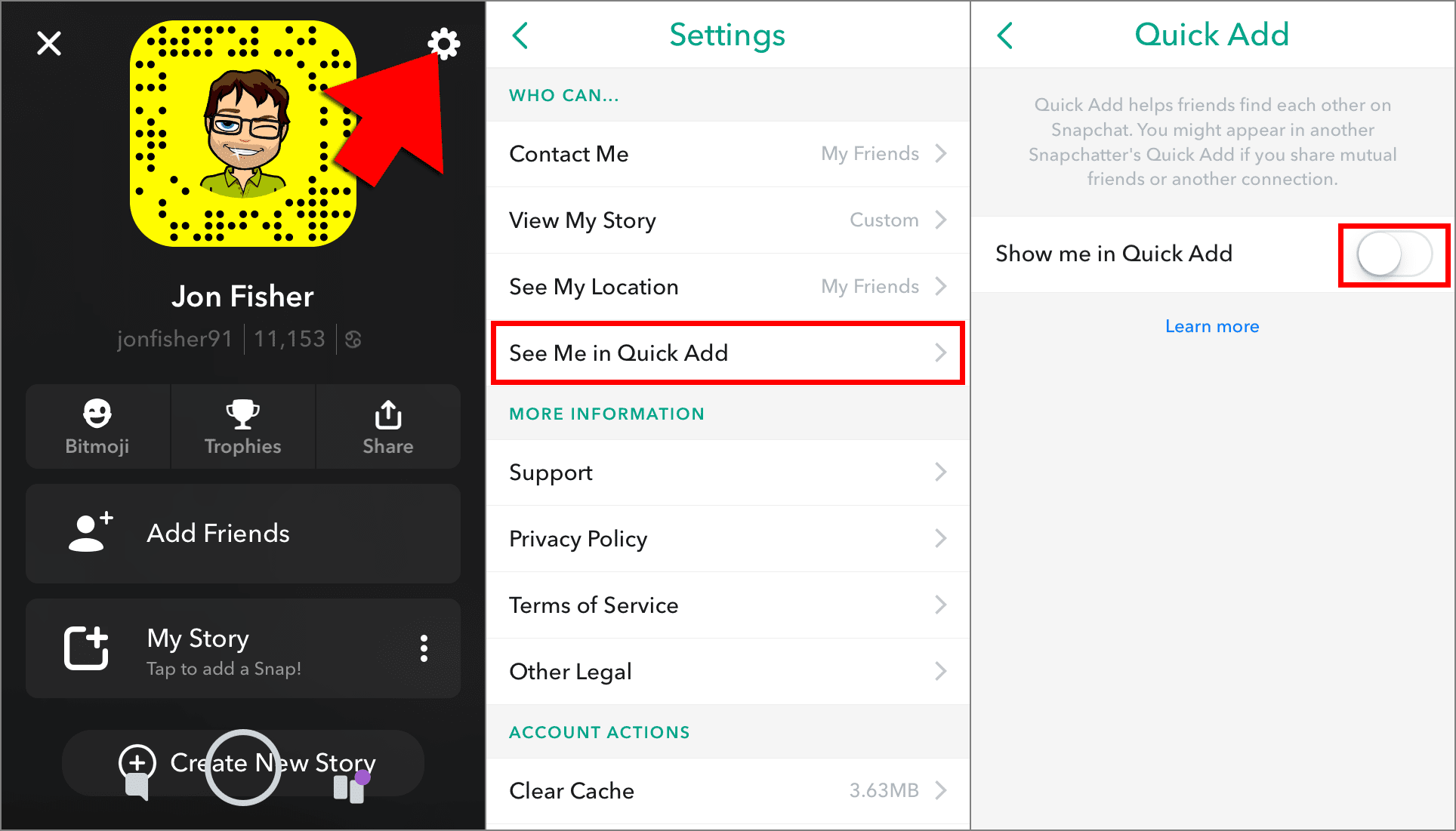 Inställningsikon, inställningsskärm och snabb Lägg till skärm i Snapchat