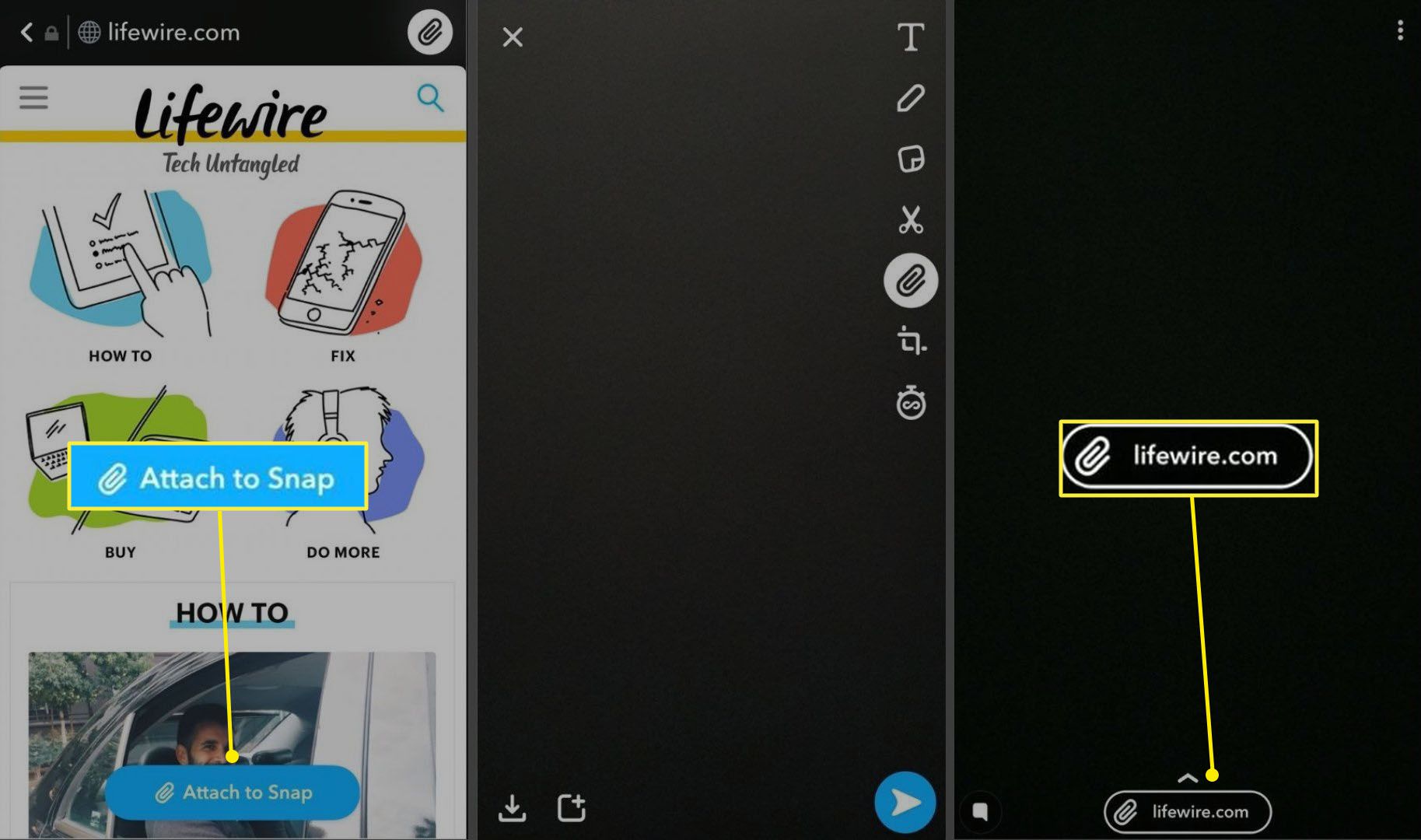 Tre skärmdumpar av Snapchat-appen för iOS.