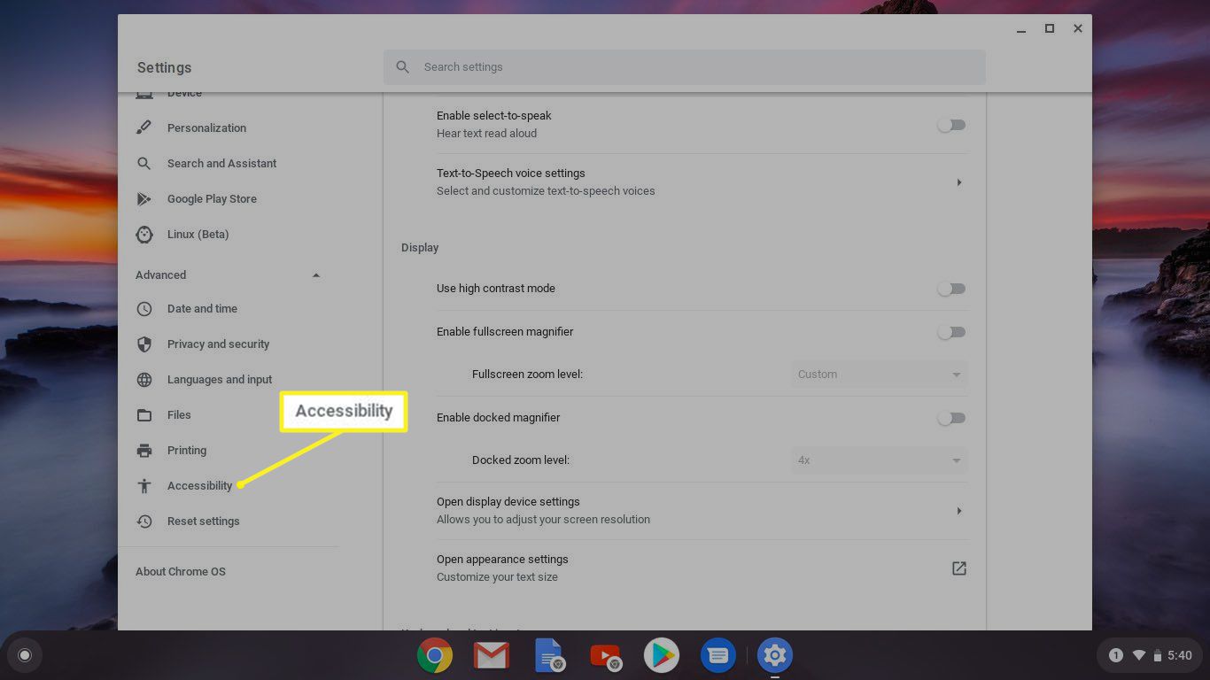 Tillgänglighet markerad i Chromebook-inställningar