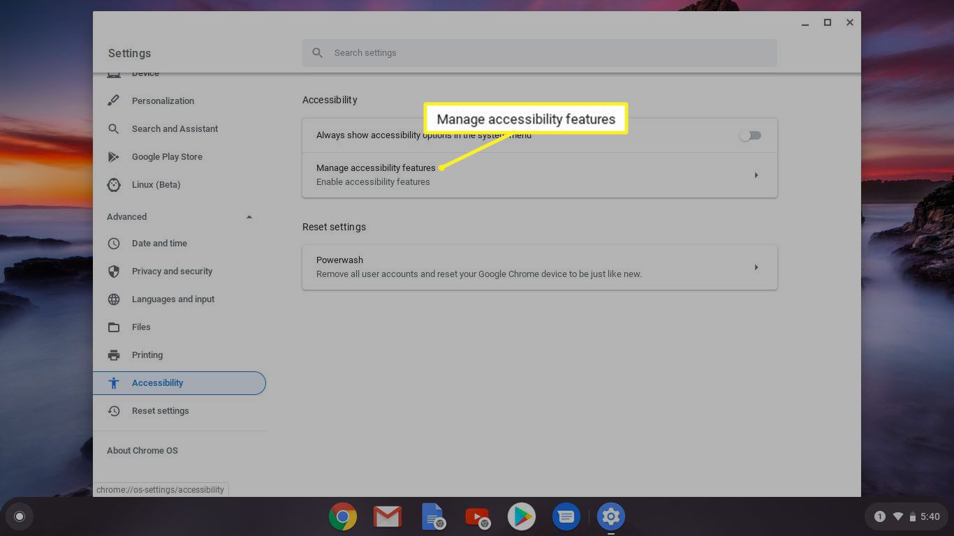 Inställningar för tillgänglighet för Chromebook.