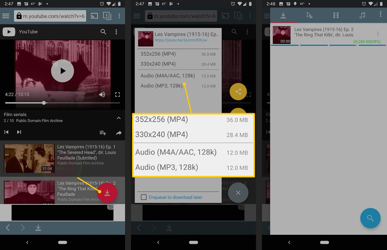 TubeMate nedladdningsknapp, videoupplösning på Android