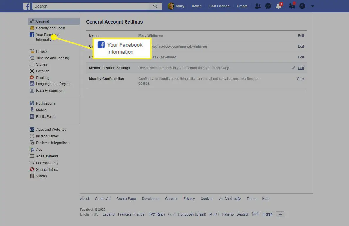 Platsen för din Facebook-information i Facebook i en webbläsare.