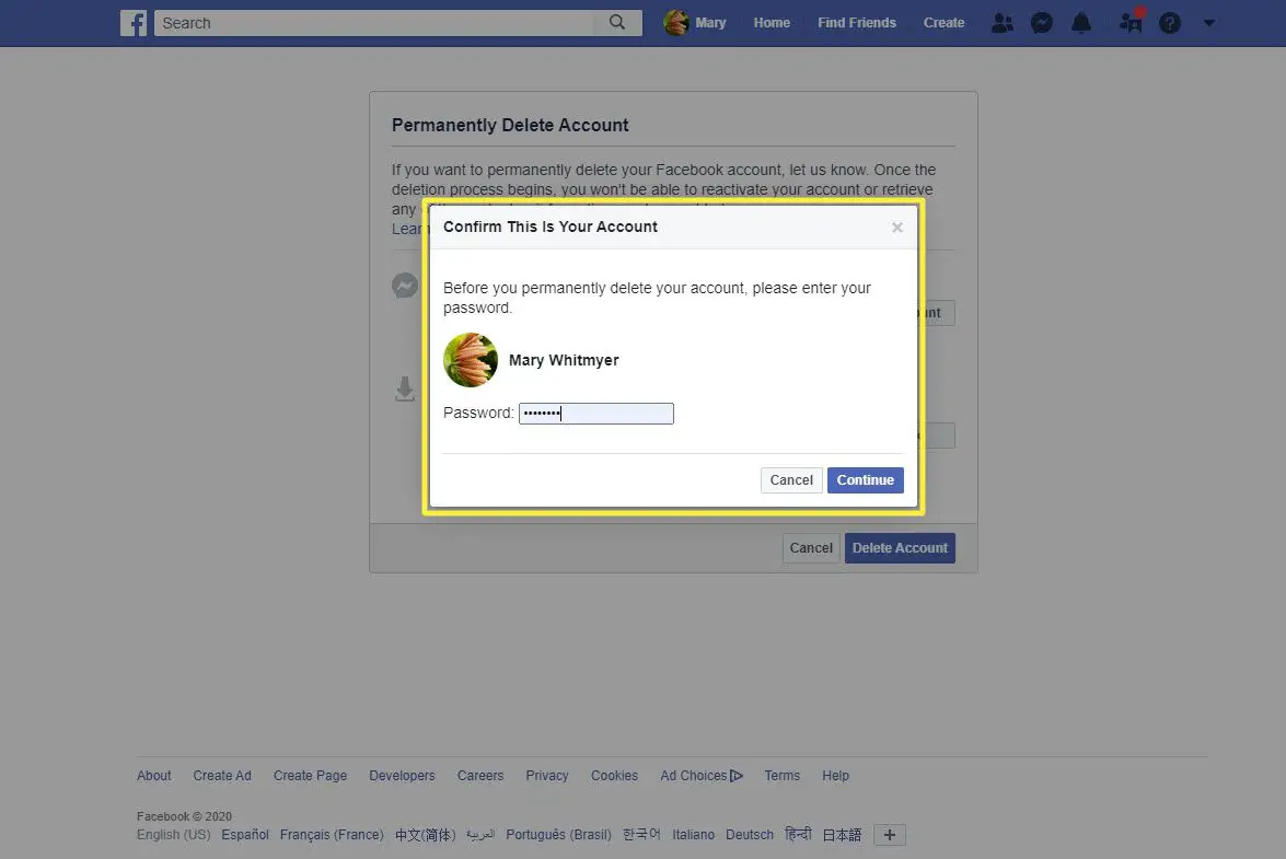 Bekräfta borttagning av Facebook med ett lösenord med en webbläsare.