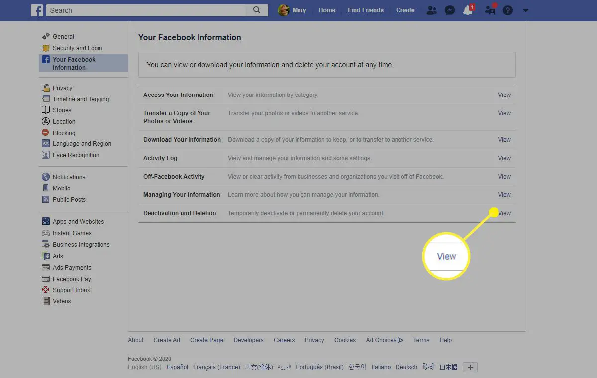Så här visar du avaktivering och radering på Facebook i en webbläsare.